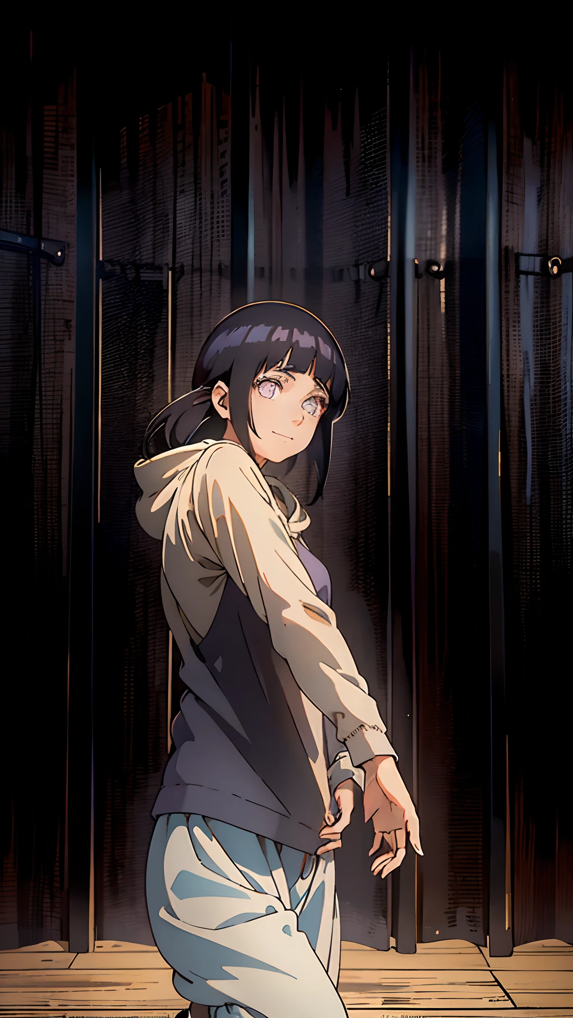 Hinata Hyuga/Girl/shipuden/bangs, oversized clothes, hoodie, bright eyes with abundant eyelashes///, bright skin, Masterpiece, 8k, 4k. FullHD. Detailed, big eyes/perfect and detailed/ 8k long dark hair/ fitted jumpsuit to the body black color // harmony //big breasts///I want the color of the clothes he is wearing to be dark/// smile cute// thin arms /small and delicate woman's hands //girl///pale skin/ hoddie clothe///woman's arms///long sleeve t-shirt ///smiling pretty///defined details in eyes///face///body///masterpiece in image////8k//FULLHD/curtain behind/capture movements of the reference ///masterpiece/ background equal to the reference image//wooden floor//White shoes//