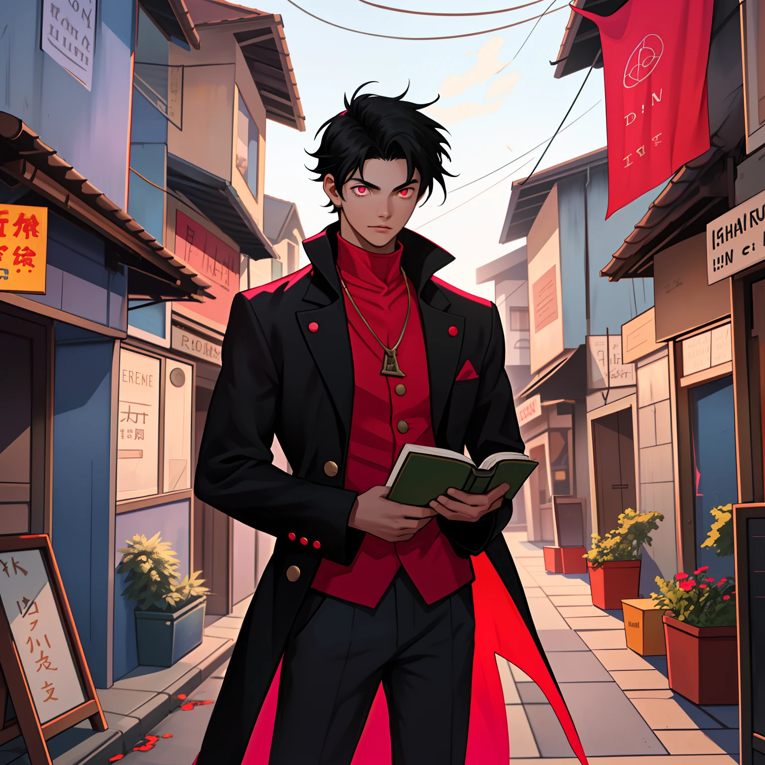 A town for boys in the center of this city, black hair, This young man with a book in his hands, A young man in a red outfit, pink eyes
