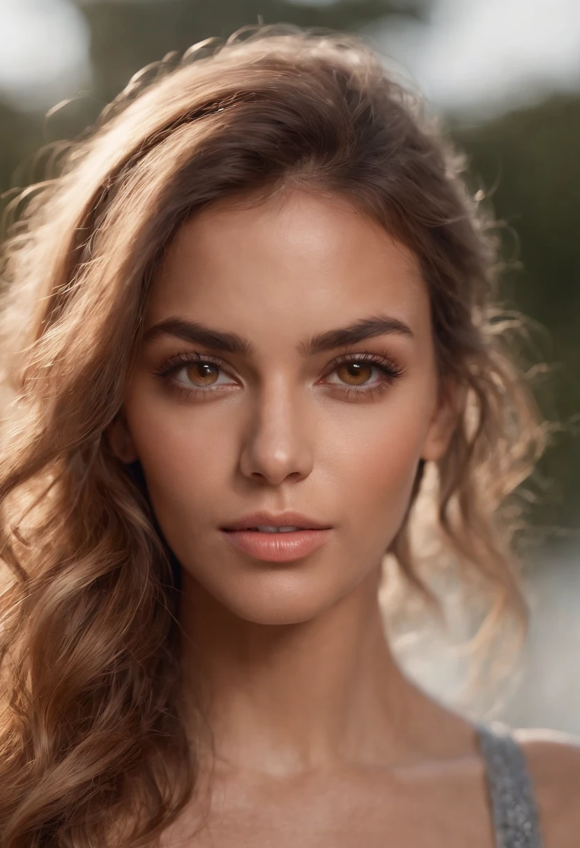 A photorealistic portrait of a insanely beautiful tanned Brazilian woman with light make-up, extremely detailed light honey eyes, detailed symmetric realistic face, extremely detailed natural texture, peach fuzz, messy windy hair, masterpiece, absurdres, award winning photo by Francesco Scavullo, nikon d850 film stock photograph, kodak portra 400 camera f1.6 lens, extremely detailed, amazing, fine detail, rich colors, hyper realistic lifelike texture, dramatic lighting, unrealengine, trending on artstation, cinestill 800 tungsten, looking at the viewer, photo realistic, RAW photo, TanvirTamim, high quality, highres, sharp focus, extremely detailed, cinematic lighting, 8k uhd
