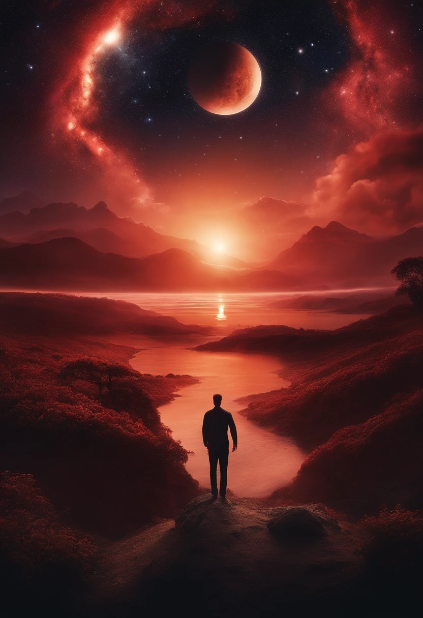 Create an image of a starry sky or celestial landscape, symbolizing transcendence and connection with the divine. There are a couple of friends, um homem alto e gordinho (ele usar uma camisa quadriculada vermelha e preta), The girl is shorter than him, (ela possui cabelos longos) Both have a strong connection that details a multiversal journey when they're together