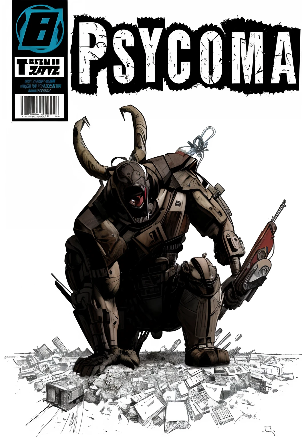 Psycoma 1 Comics, inspirado em Tsukioka Yoshitoshi, manga comic book cover, arte da capa dos quadrinhos de Joshua Middleton, arte detalhada da capa, estilo visual da capa dos quadrinhos, set in post apocalyptic tokyo, inspirado em Fujishima Takeji, arte da capa dos quadrinhos, ao fundo uma cidade, luzes, epic, monstro ao estilo akira, sombrio, substituindo branco por cidade sombria, epico, defined dash, 8k