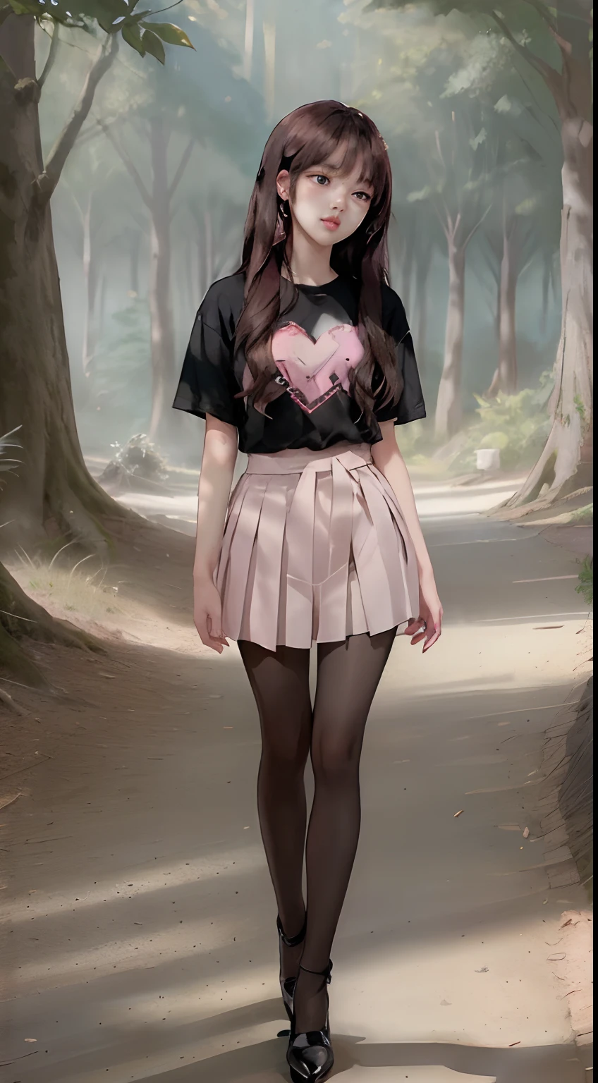 ((Lisa from Blackpink)), very tall girl, t-shirt, tiny pleated skirt, exposed_pink_panties, black pantyhose to the waist, high heels, very light skin, very long hair, wavy hair, camp, forest, photorealistic, indirect lighting , volumetric light, ray tracing, hyperdetailed, best quality, high resolution, HDR, 8k