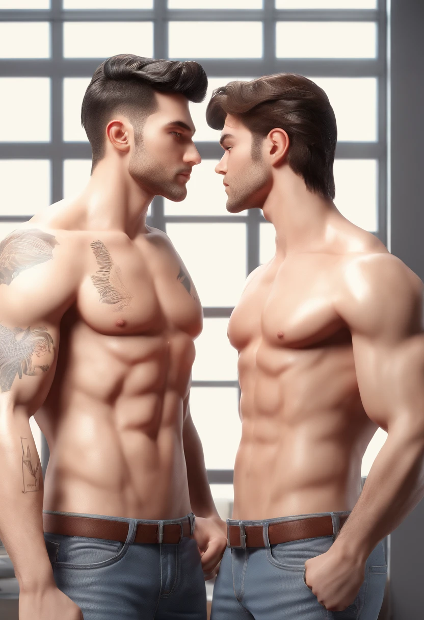 To attractive men without their shirts on standing in a workshop kissing each other.