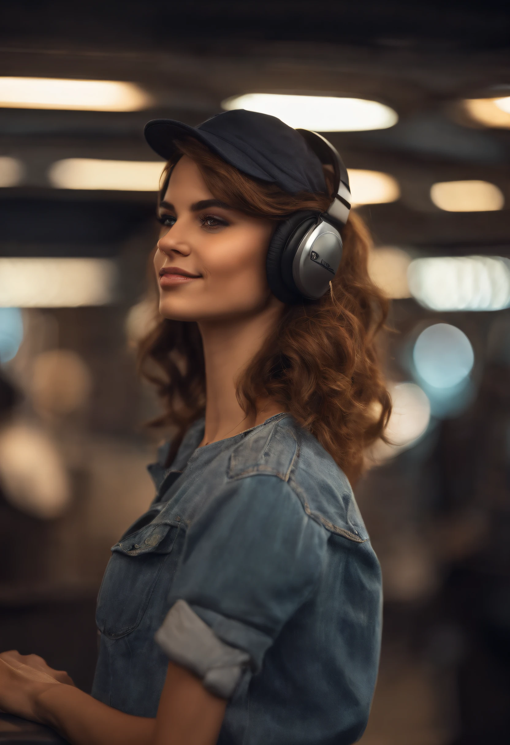Une jeune femme de 25 ans, passionate about video games, avec une silhouette pulpeuse. Elle a des cheveux bruns mi-longs, porte une casquette et un casque de gaming assortis. She is dressed in jeans and wears a casual blouse. Elle est debout, Casual, en train de profiter de son temps de jeu