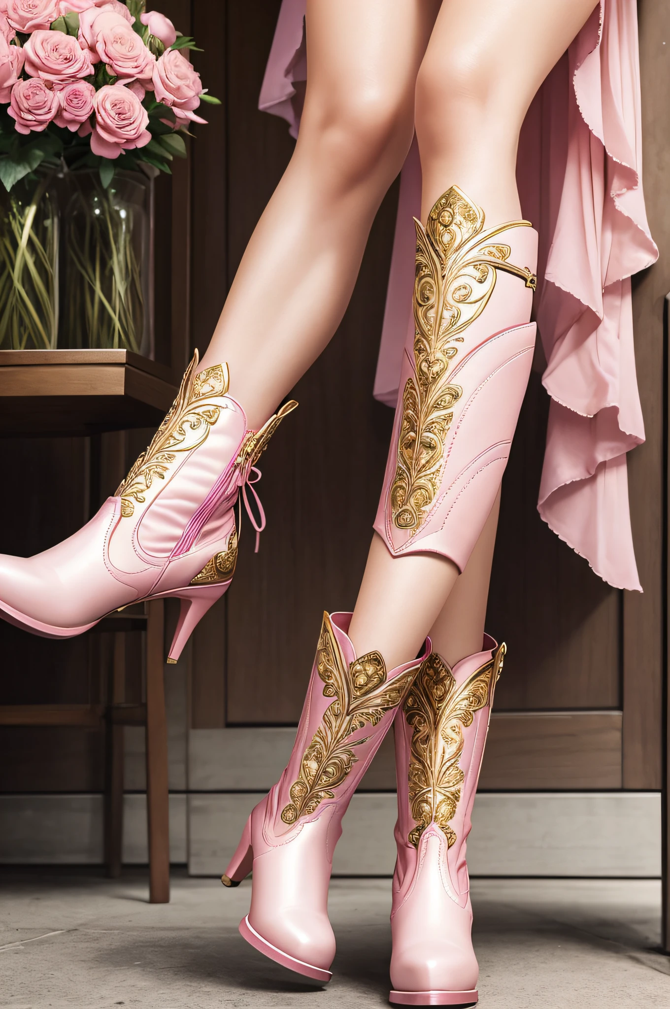front view of a woman wearing beautiful pink women's boots front view with gold details and pink flowers, elegance, refinement, front view, 8 o'clock, detailed, rich finishes