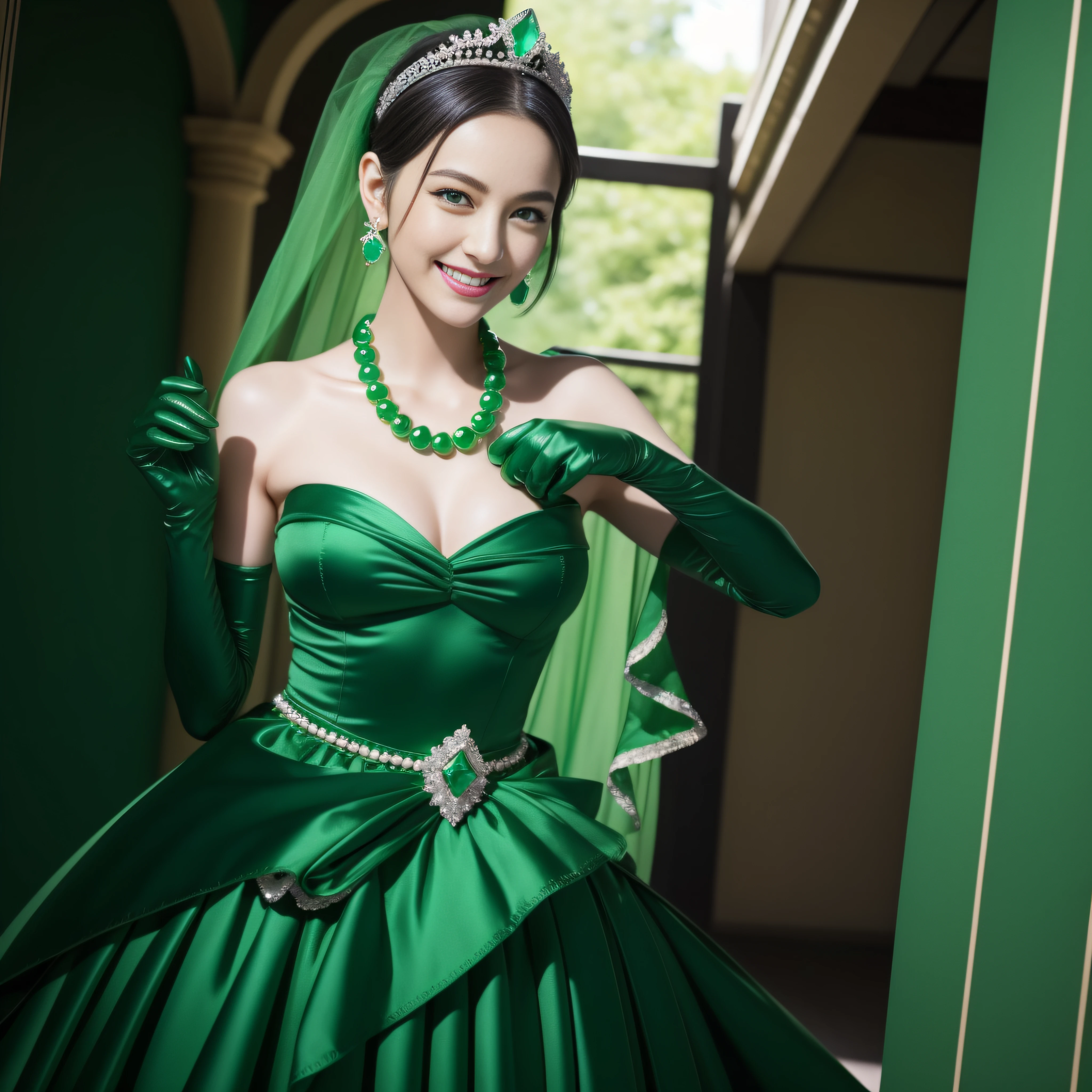 emerald tiara, Green Pearl Necklace, Boyish very short black hair, lipsticks, Japan woman smiling, very short short hair, big breasts beautiful, Green eyes, Long green gloves made of satin material, Green eyes, Emerald Earrings, The tattoo