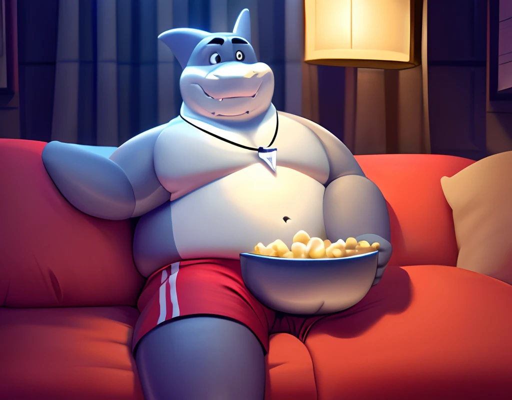 mr shark, masterpiece, volumetric lighting, plump, fat, belly, black eyes, (soft shading), 4k, hi res, five fingers, detailed hands, ((detailed face, (detailed eyes:1.0), detailed)), (full body), nude torso, looking at viewer, 1boy, male focus, dog tags, red shorts, (giant head), (huge head), (big head), bowl full with popcorns