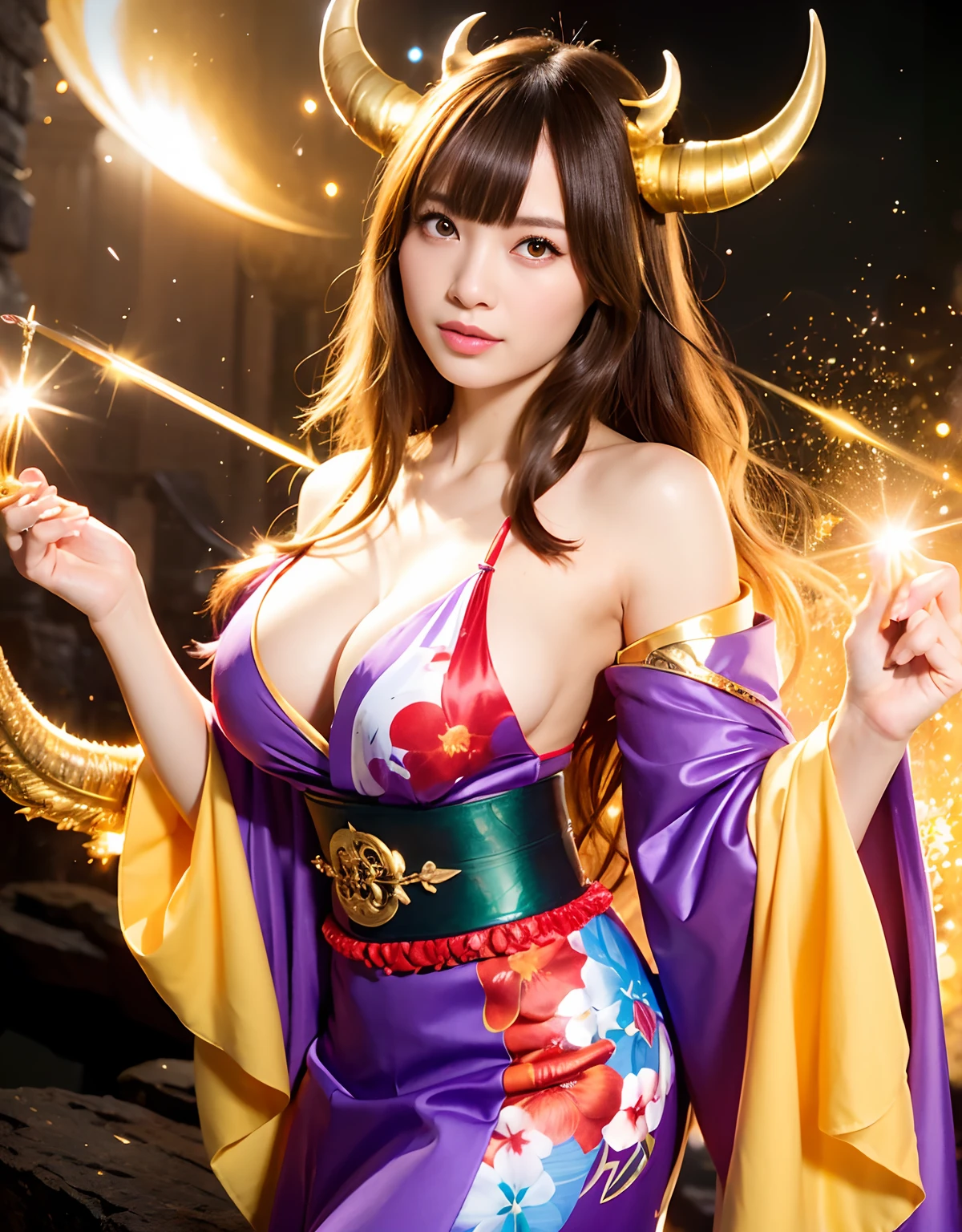((World of Darkness)),Professional , ​masterpiece、top-quality、photos realistic , depth of fields 、（sexypose）、Oiran hairstyle、Maiko's hairstyle、(White maple on full bloom background),（Ultimate Beauty）、A dark-haired、（shrine background)、（Kimono with beautiful pattern）、（Night background）、Beautiful hair ornament on the head、（（Precipitous cliffs））,(Wear a beautiful kimono),（Wear a beautiful kimono with colorful floral patterns）、Jewel Gold Weapon、Particles of light),(Wearing a wizard's hat）、Gorgeous gold weapons ,Castle background、（（ Gorgeous Dragon Sword）） , （a dark night）,,（maikurobikini） 、（（Black Haired Beautiful Girl））、（Castle background）、（demonic wings）、（（Gangle's forest background））、Beautiful Caucasian beauty、１a person、dynamic ungle,(((Two devil's horns on the head)))、Smaller head、Idle Smile、Thin and beautiful female hands、Mystical expression、Light Effects、intense fighting、Wind-effect、magic circles、With the legendary magic wand、Dragon's tail、Full Body Angle、
