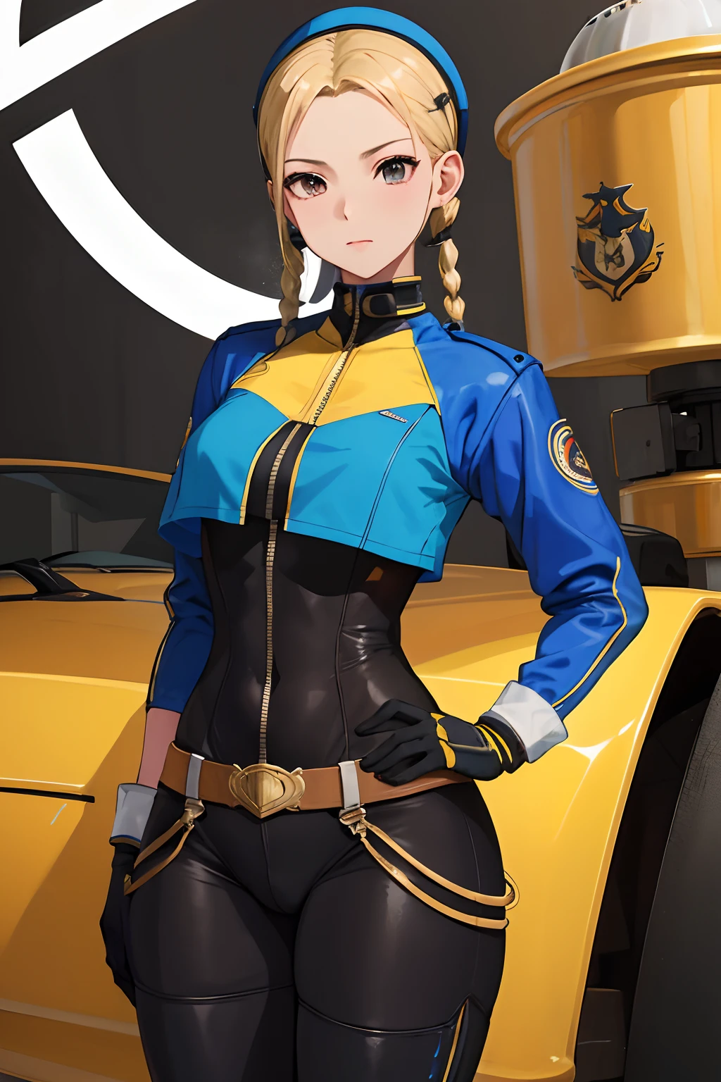 Obra maestra, La mejor calidad, Altas Resoluciones, Cammy amarillo, pelo corto, Pelo de antena, ojos azules, cicatriz en la mejilla, senos grandes, Gargantilla negra, chaqueta azul, chaqueta recortada, Chaqueta abierta, Sujetador deportivo, diafragma, Guantes sin dedos, Guantes negros, pantalones negros, sentada.