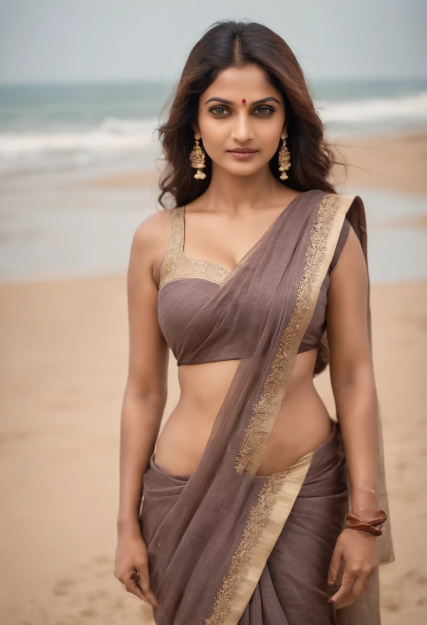 full body, indian woman, 40 years, round face, seaside, saree, navel, clevage, firm breasts, brown skinned, busty