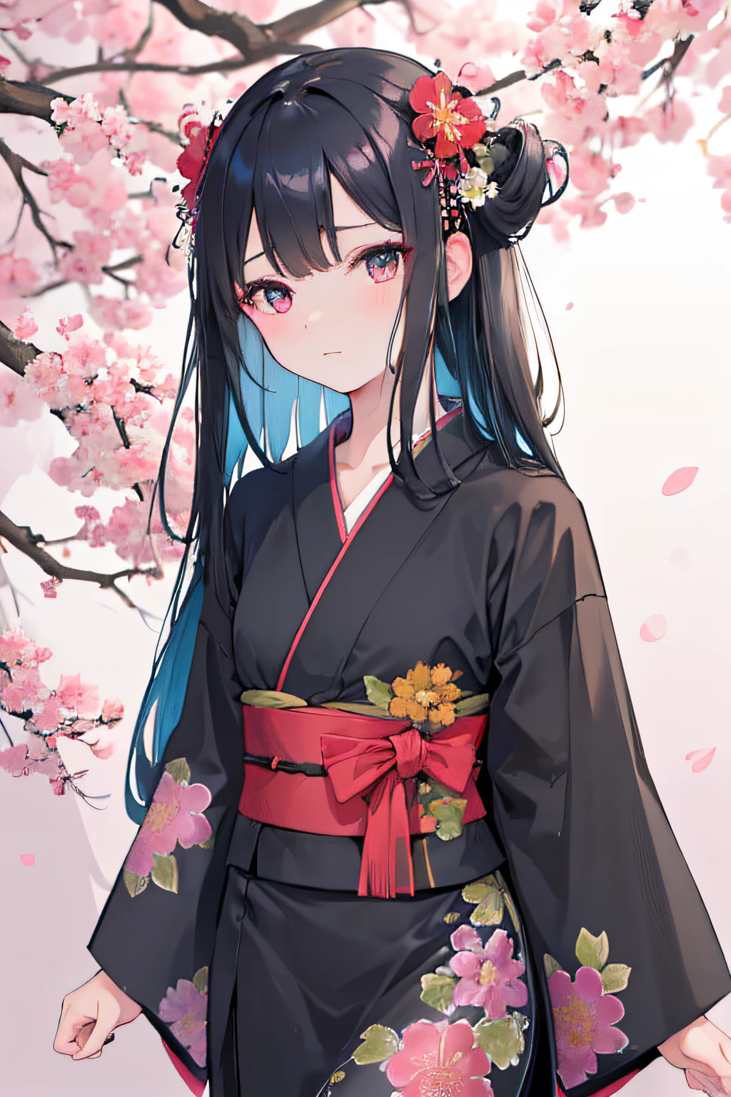 (best quality, realistic, highres, vivid colors:1.2), female, 1 girl, small body, black hair, long and straight hairstyle with bangs, adorned with flower hair accessories, eyes great, color eyes olive, wearing a black yukata with a red ribbon in the center and details flowers Cherry trees.