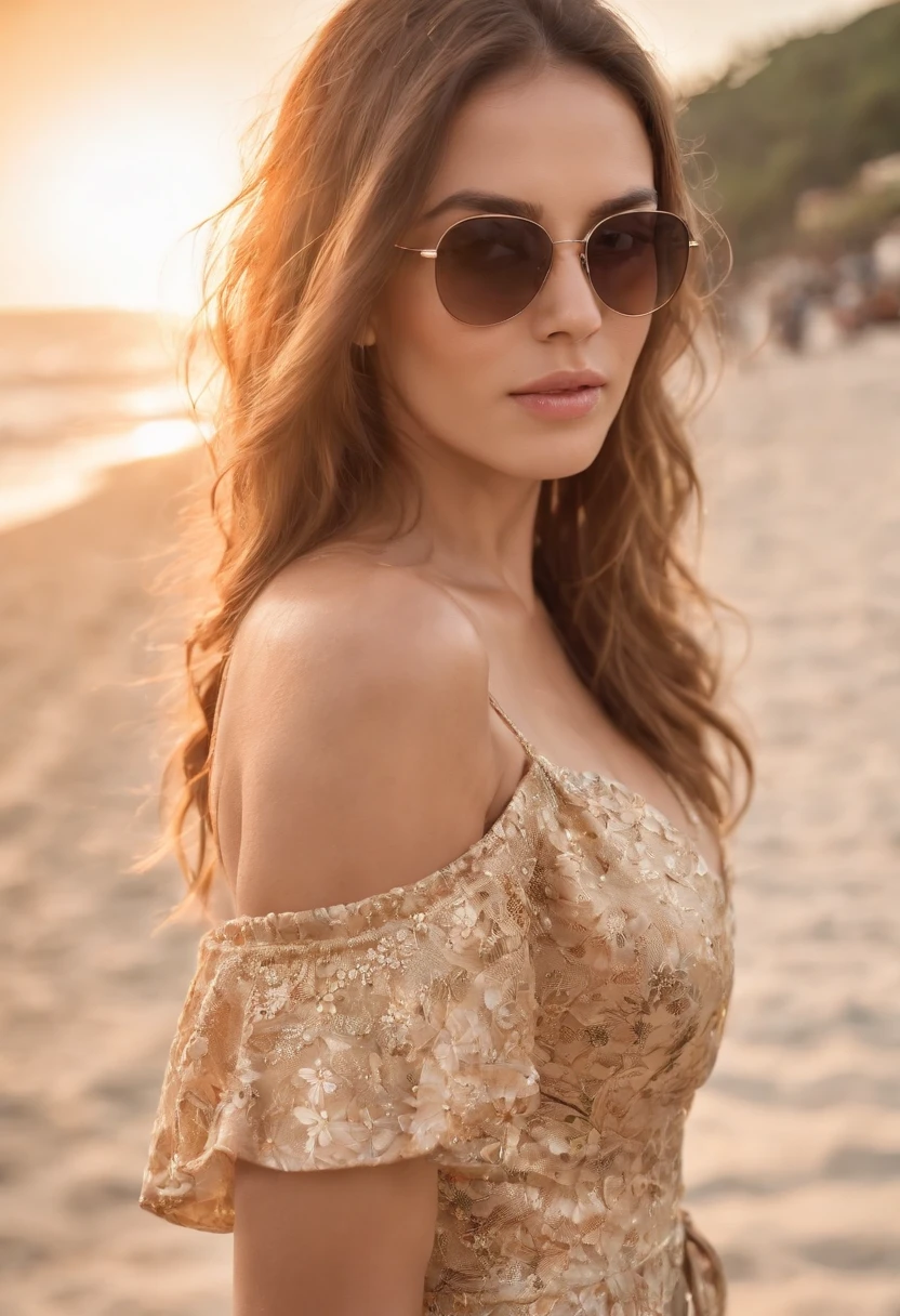photo of a stunning beautiful Brazilian woman, honey eyes, long messy windy light brown hair, flipping hair, closeup zoomed in tight crop portrait, walking down a (paradisiacal beach scene:1.2) wearing a (sunglasses and a fluttering floral dress:1.3) (beach bags on her hand:1.3) (Lighting-Gold:1.2) foreground objects background details (masterpiece:1.2) (photorealistic:1.2) (bokeh:1.2) (best quality) (color grading) (detailed skin:1.3) (intricate) (8k) (HDR) (cinematic lighting:1.3) (sharp focus), messy windy hair