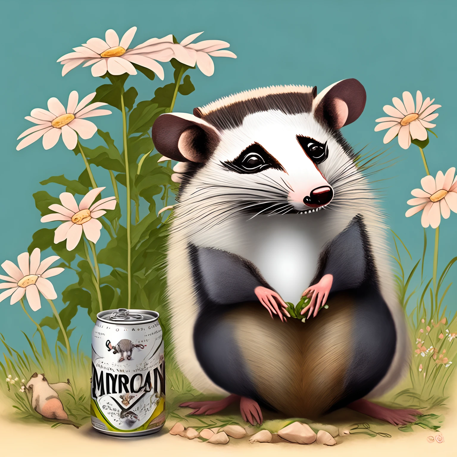 Cute cartoon American opossum around flowers and malt liquor