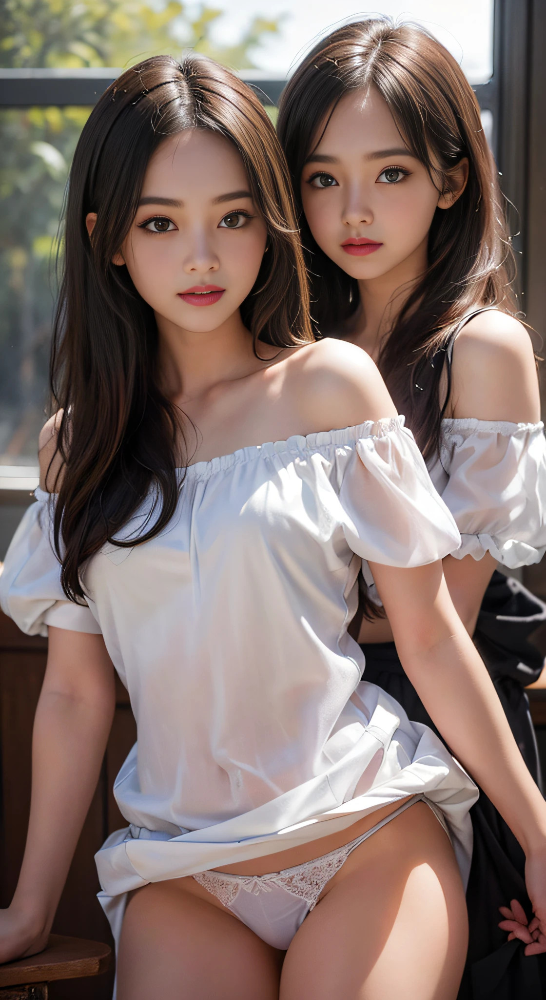(2ung girls:1.5), (Ultra realistic, high res), (highly detailed eyes, highly detailed hair, highly detailed face, highly detailed plump lips), (off shoulder with open breasts:1.1), breasts, upper body, caute smile, miniskirt, (See-through sheer panties:1.2), (best quality:1.4), Raw photo, (realistic, photo-realistic:1.37), professional photography, cinematic light, (fine face: 1.2),