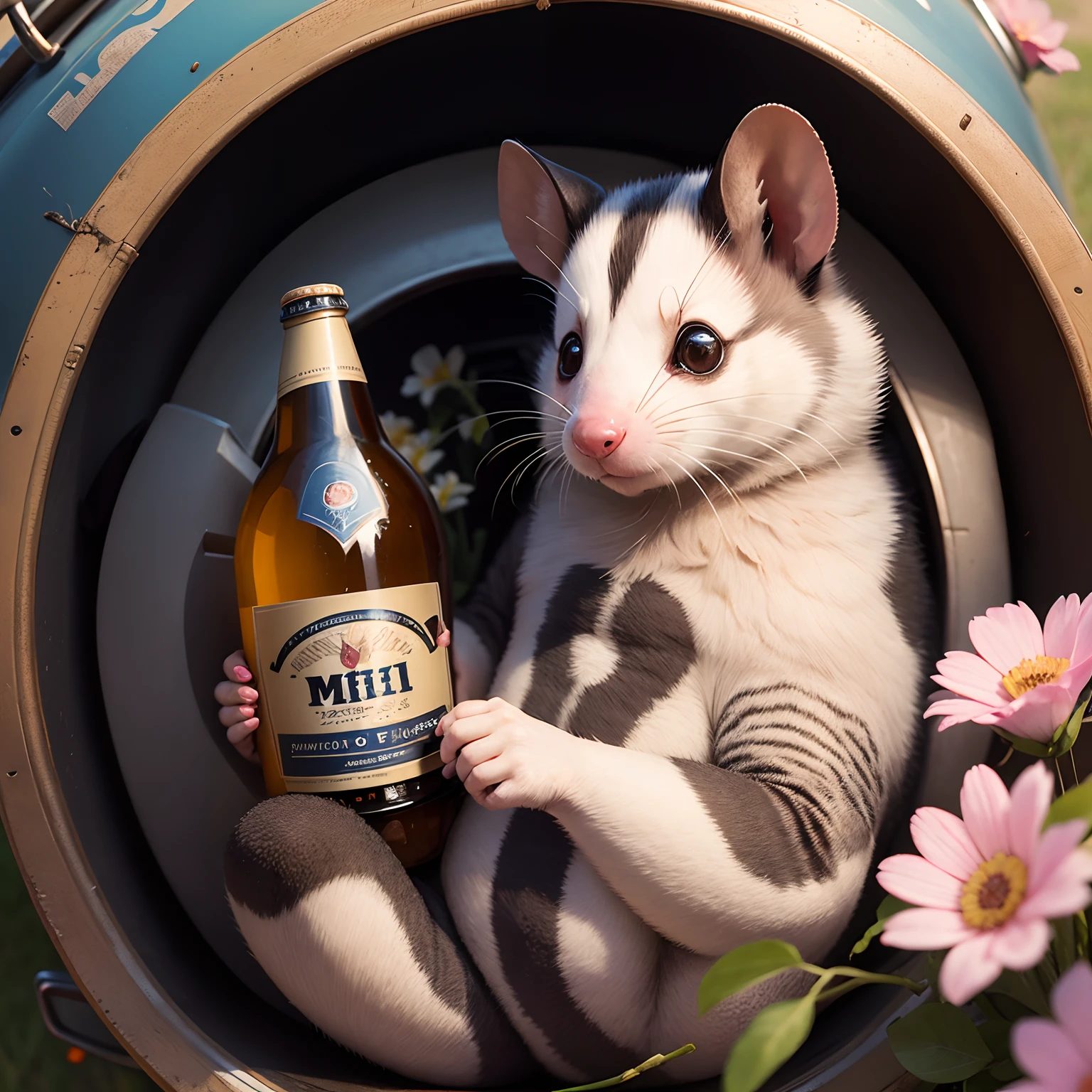 Super cute american possum with flowers around and malt liquor