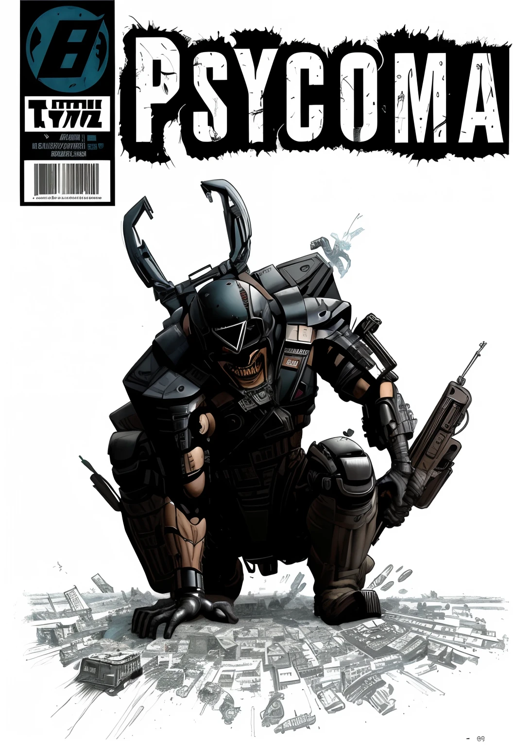 Psycoma 1 Comics, inspirado em Tsukioka Yoshitoshi, manga comic book cover, arte da capa dos quadrinhos de Joshua Middleton, arte detalhada da capa, estilo visual da capa dos quadrinhos, set in post apocalyptic tokyo, inspirado em Fujishima Takeji, arte da capa dos quadrinhos, ao fundo uma cidade, luzes, epic, monstro ao estilo akira, sombrio, substituindo branco por cidade sombria, epico, defined dash, 8k