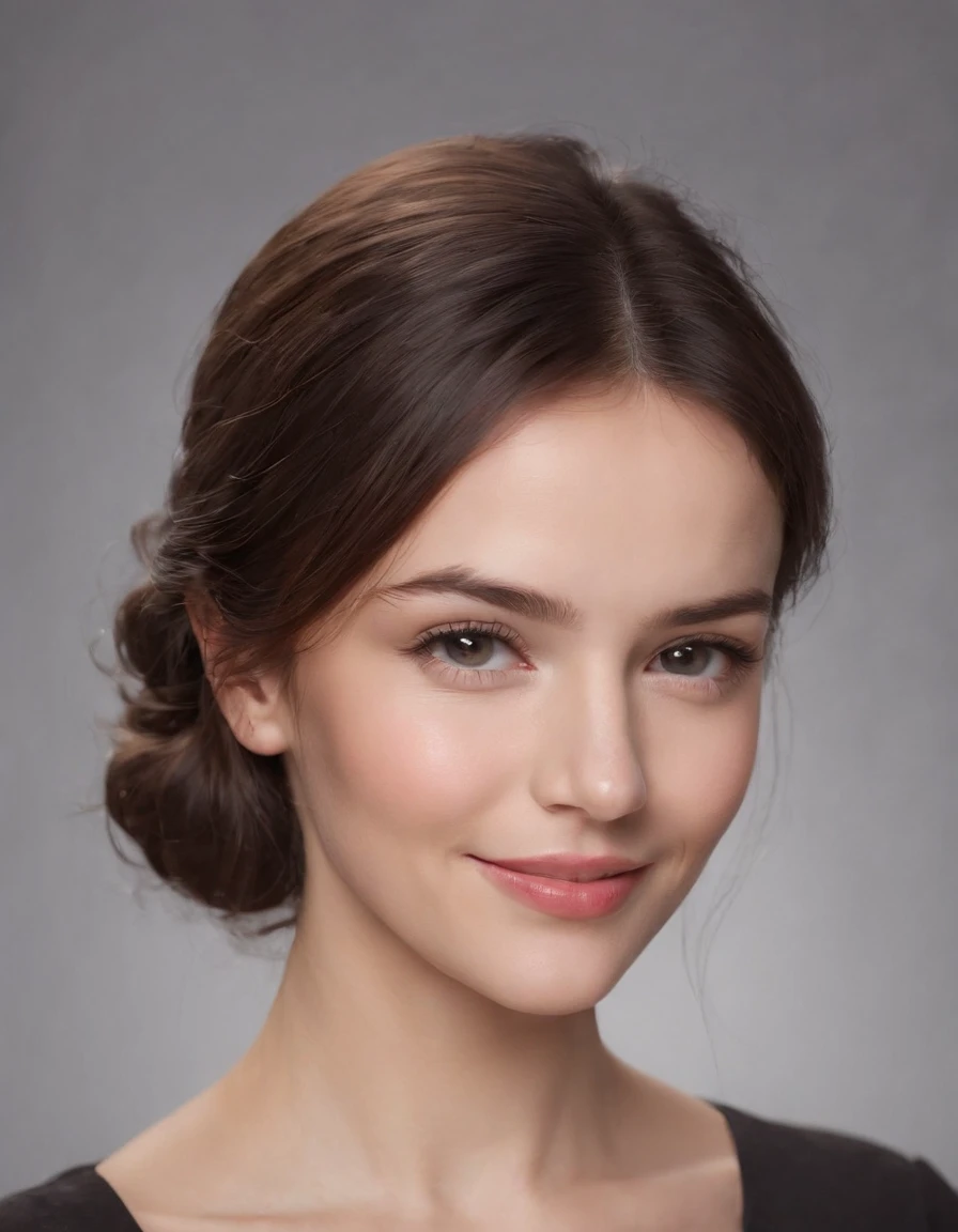 (photo: 1.3) af (realistic: 1.3), Caucasian woman, soft light, clear face, happy, cheerful, smiling, warm light, ((gray-white gradient background)), (background)). ((gray wall background)) avatar, (long or short hair), smile, handsome, young,, short hair, smile,(medium close-up)