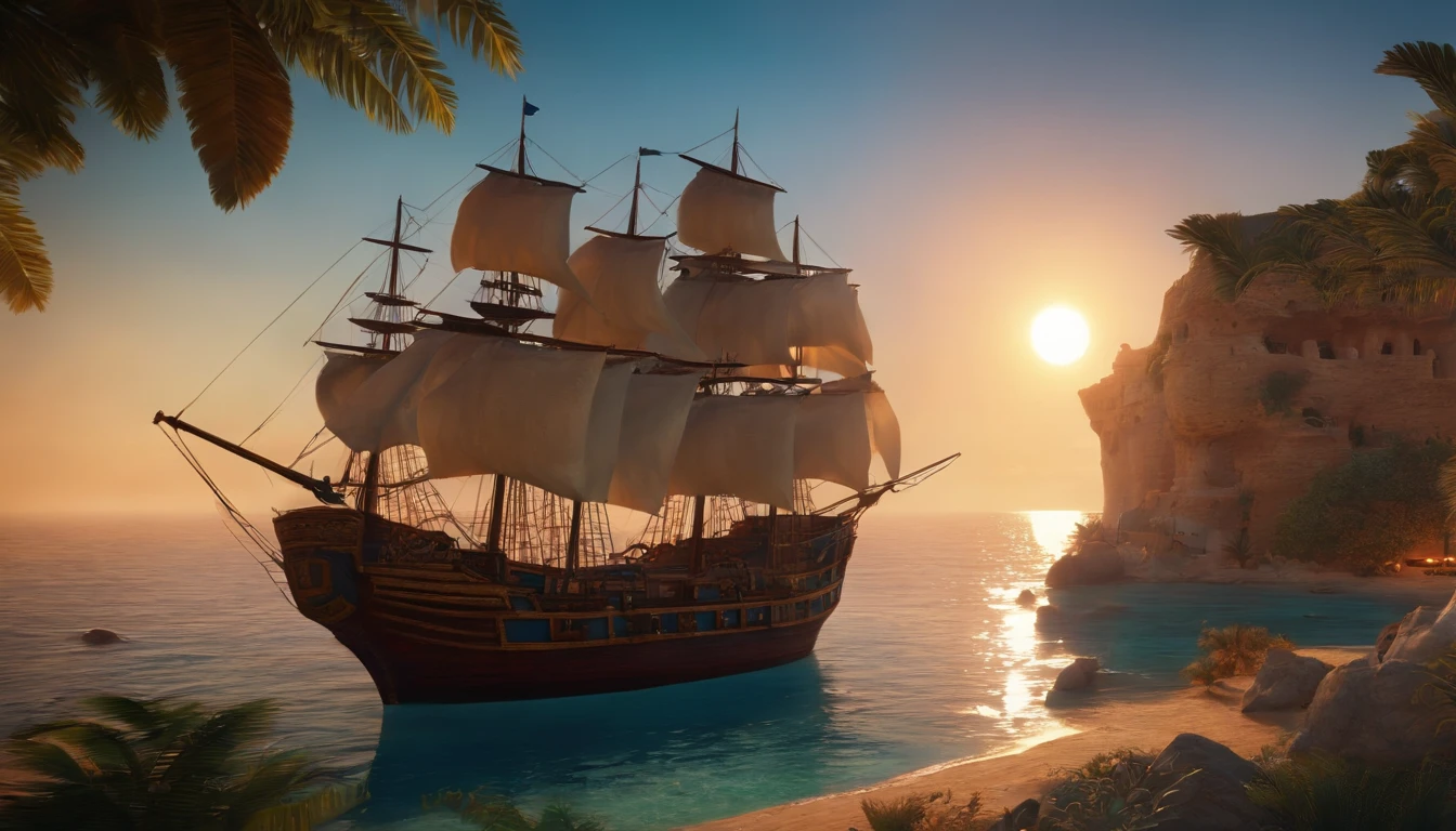 the island of Carthage, sunrise,, starly sky, galaxias, squadron of ancient pirates ships,, 4k, ultra realista, Kinematic ::n_style drawing, Low quality imperfection, doll, game, anime