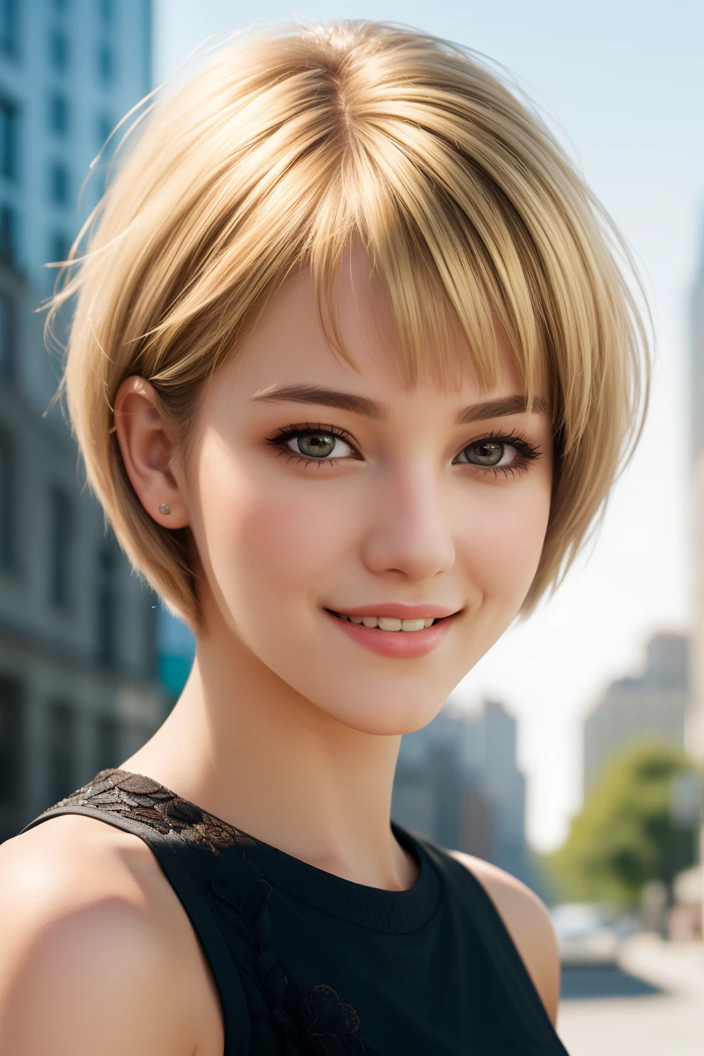 (best quality,high quality,ultra-realistic:1.2),vibrant colors,portrait,sharp focus,extremely detailed,intense lighting,female teenager,blonde,black eyes,smile,pixie cut,sunny day,intricate details,City background