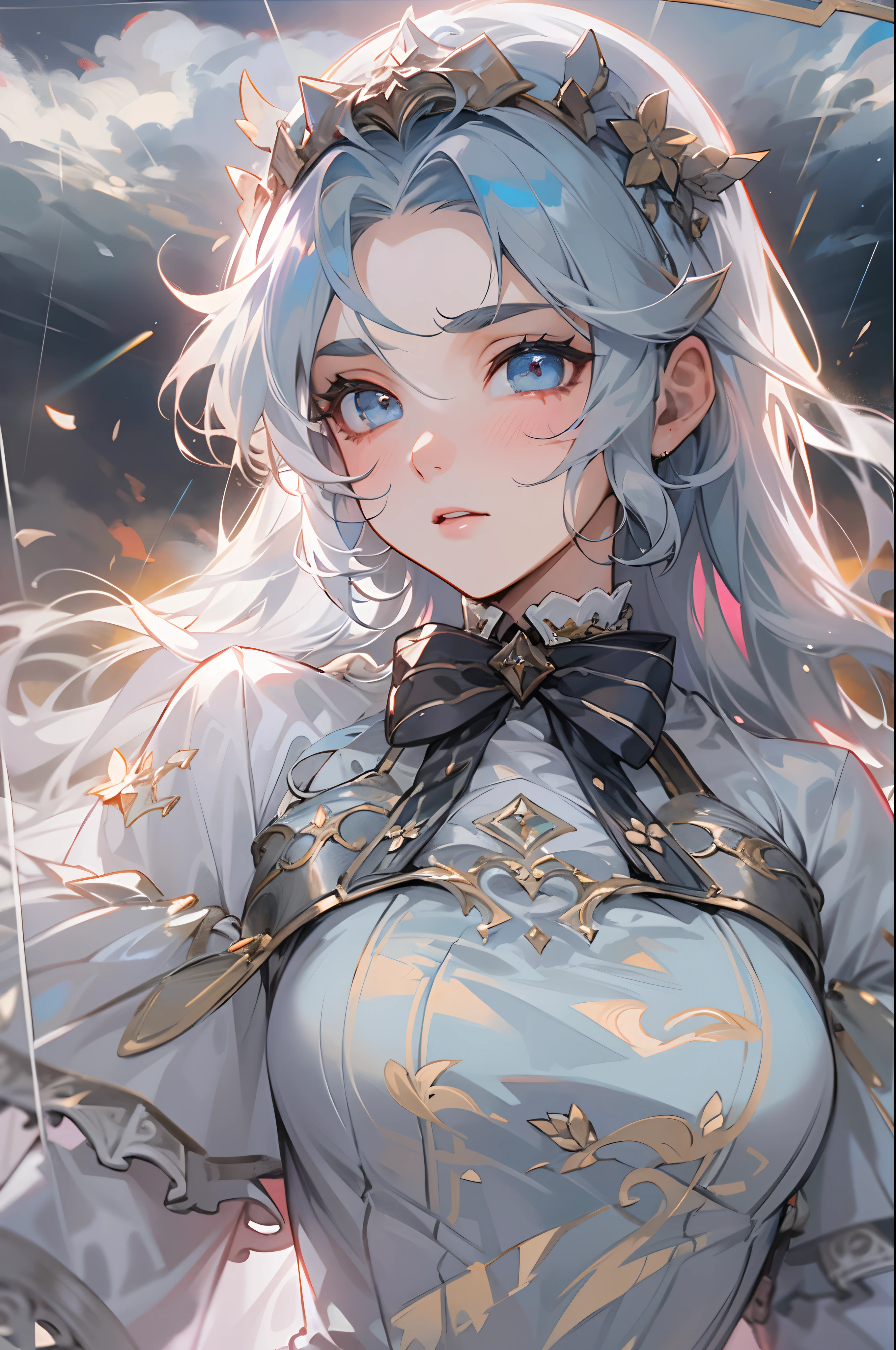 masterpiece, exquisite, illustration, {beautiful and meticulous girl}, beautiful and detailed halo, (fire of war: 1.2), (nuclear explosion behind: 1.3), rain, detailed lighting, detail water, (beautiful and detailed eyes: 1.1), expressionless, palace, sky blue hair, scattered hair, long bangs, eyebrows, (white-gray dress: 1.1), black ribbon, white bow tie, upper abdomen, big forehead, dull, flower, long sleeves
