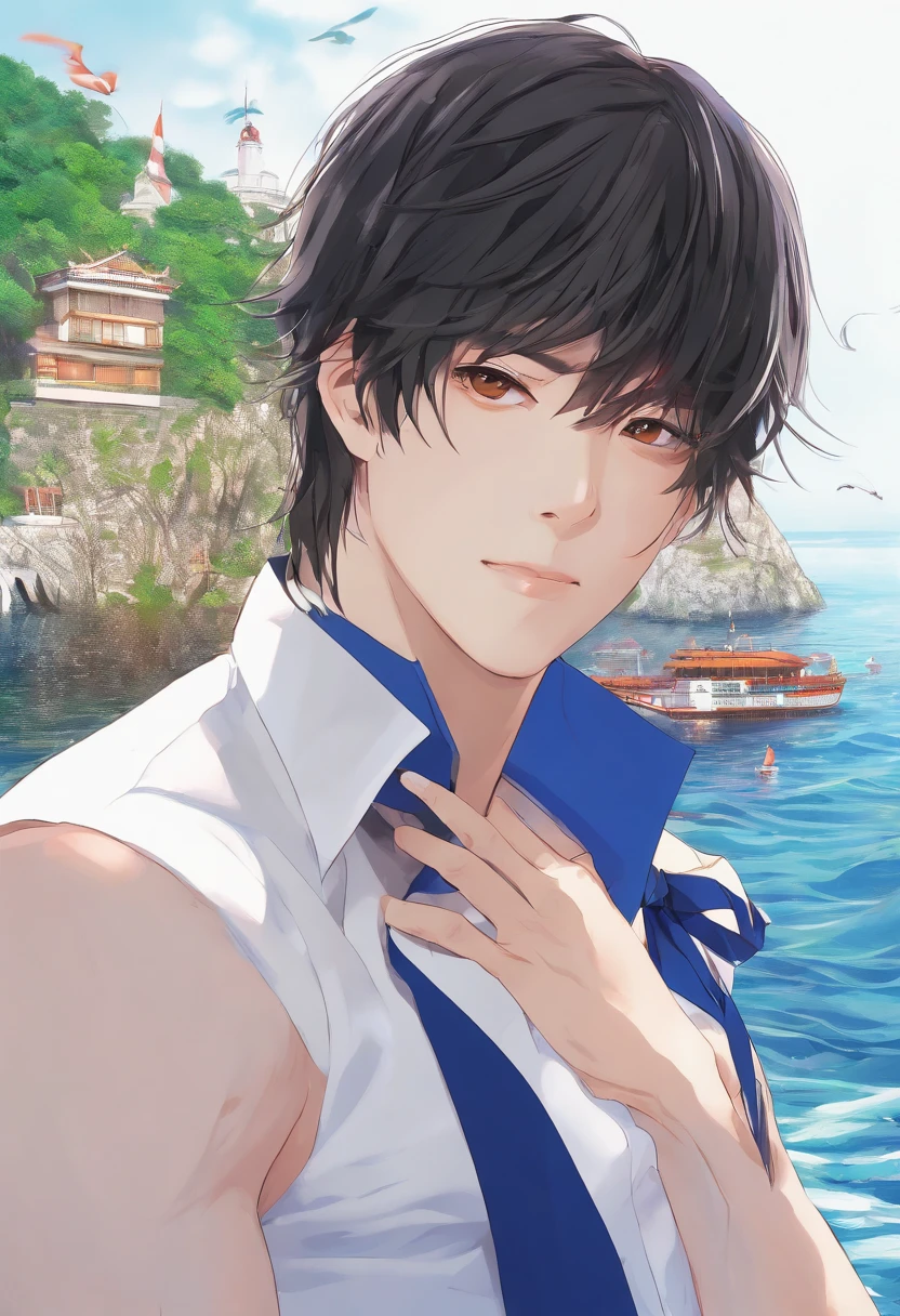 (absurdres, highres, ultra detailed, realistic, ), 1 male, solo, adult, mature, tall muscular guy, broad shoulders, handsome, very short hair, black hair, brown eyes, angular jaw, thick neck, thick eyebrows, night, dark, the night view of the city background, formal suit, necktie, upper body