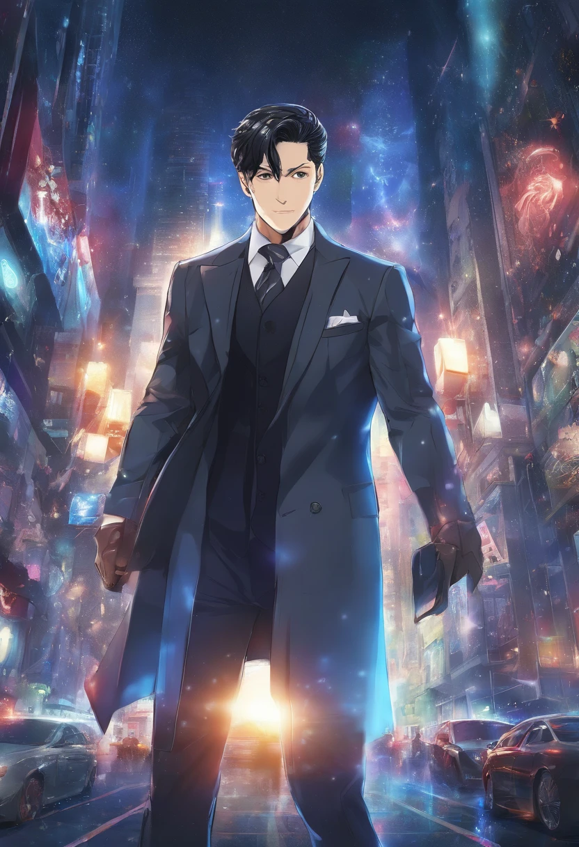 (absurdres, highres, ultra detailed, realistic, ), 1 male, solo, adult, mature, tall muscular guy, broad shoulders, handsome, very short hair, black hair, brown eyes, angular jaw, thick neck, thick eyebrows, night, dark, the night view of the city background, formal suit, necktie, upper body