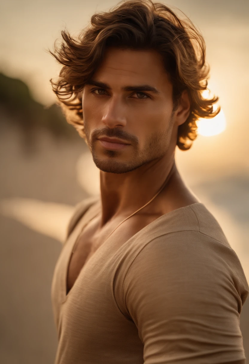 ????? photo of a stunning naked handsome muscular Thai man, no female, honey eyes, short messy windy light brown hair, flipping hair, closeup zoomed in tight crop portrait, walking down a (paradisiacal beach scene:1.2) (Lighting-blue:1.2) foreground objects background details (masterpiece:1.2) (photorealistic:1.2) (bokeh:1.2) (best quality) (color grading) (detailed skin:1.3) (intricate) (8k) (HDR) (cinematic lighting:1.3) (sharp focus), messy windy hair