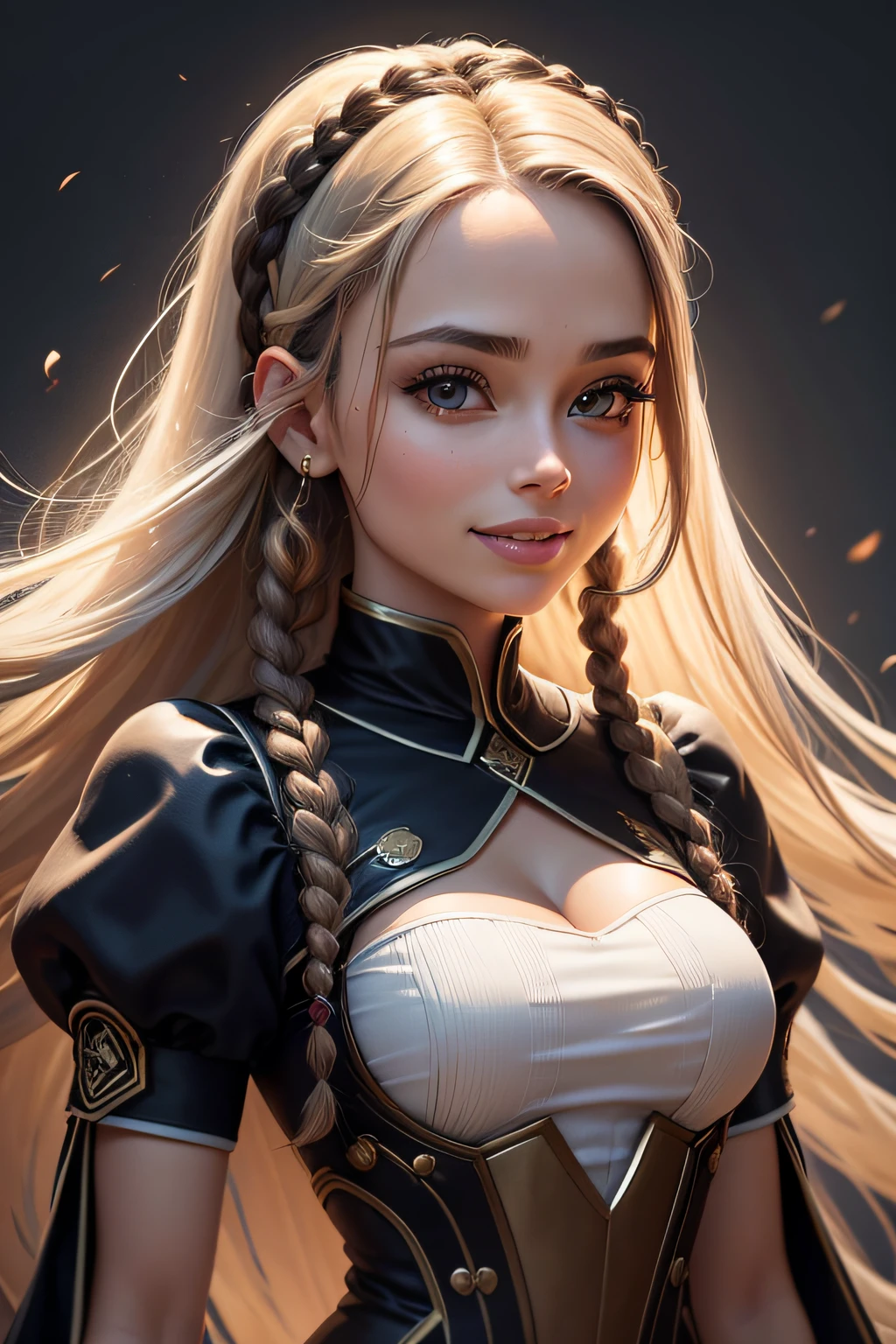 Qualidade Superior, alta qualidade de imagem, master part, cabelos grisalhos, olhos dourados, roupas brancas, Olhando para cima, parte superior do corpo, fios de cabelo, pele clara, Side braids, sorridente, Dentes Duplos