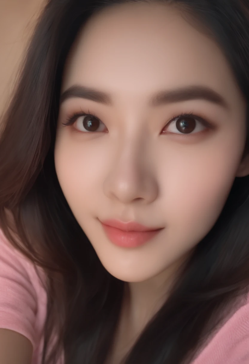 1girl,(masterpiece:1.2), (best quality:1.2), (extremely detailed), selfie from center front, straight head, (extremely detailed face), ultra-detailed double eyelid eyes and pupils, broad shoulder, (ultra detailed), 8k, photorealistic, pretty face, selfie shot, instagram style, in the bedroom, looking at viewer, facing front, smiling, perfect skin, cinematic lighting, fair skin, black eyes, portrait photo, slim, slender, no makeup, nikon RAW photo, 8k ,Fujifilm XT3, photorealistic, detailed face, long hair, fair skin, perfect shape, indoors, (looking at viewer:1.2), kim garam, garam from lesserafim, kim garam LE SSERAFIM, pink shirt, cropped photot