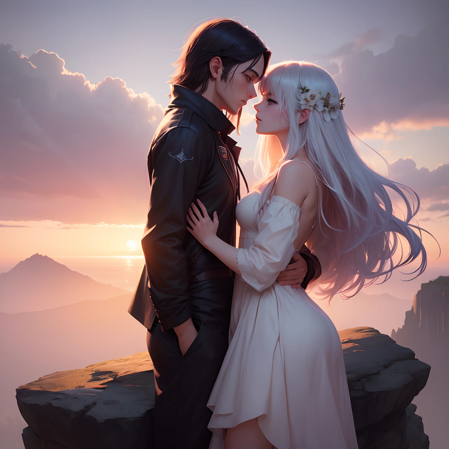 Couple of man is woman((Uma um vestido longo branco))animate standing on a cliff overlooking a mountain at sunset, anime de fantasia bonito, 2. 5 d cgi anime fantasia arte |, arte de fantasia de anime, Art not Guweiz style, Guweiz, Guweiz em Pixiv ArtStation, anime fantasy illustration, Romantismo estilo de arte, Arte Conceitual do Amor, Guweiz em ArtStation Pixiv