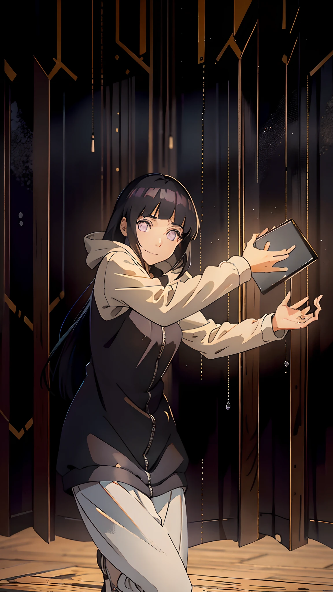 Hinata Hyuga/Girl/shipuden/bangs, oversized clothes, hoodie, bright eyes with abundant eyelashes///, bright skin, Masterpiece, 8k, 4k. FullHD. Detailed, big eyes/perfect and detailed/ 8k long dark hair/ fitted jumpsuit to the body black color // harmony //big breasts///I want the color of the clothes he is wearing to be dark/// smile cute// thin arms /small and delicate woman's hands //girl///pale skin/ hoddie clothe///woman's arms///long sleeve t-shirt ///smiling pretty///defined details in eyes///face///body///masterpiece in image////8k//FULLHD/curtain behind/capture movements of the reference ///masterpiece/ background equal to the reference image//wooden floor//White shoes//