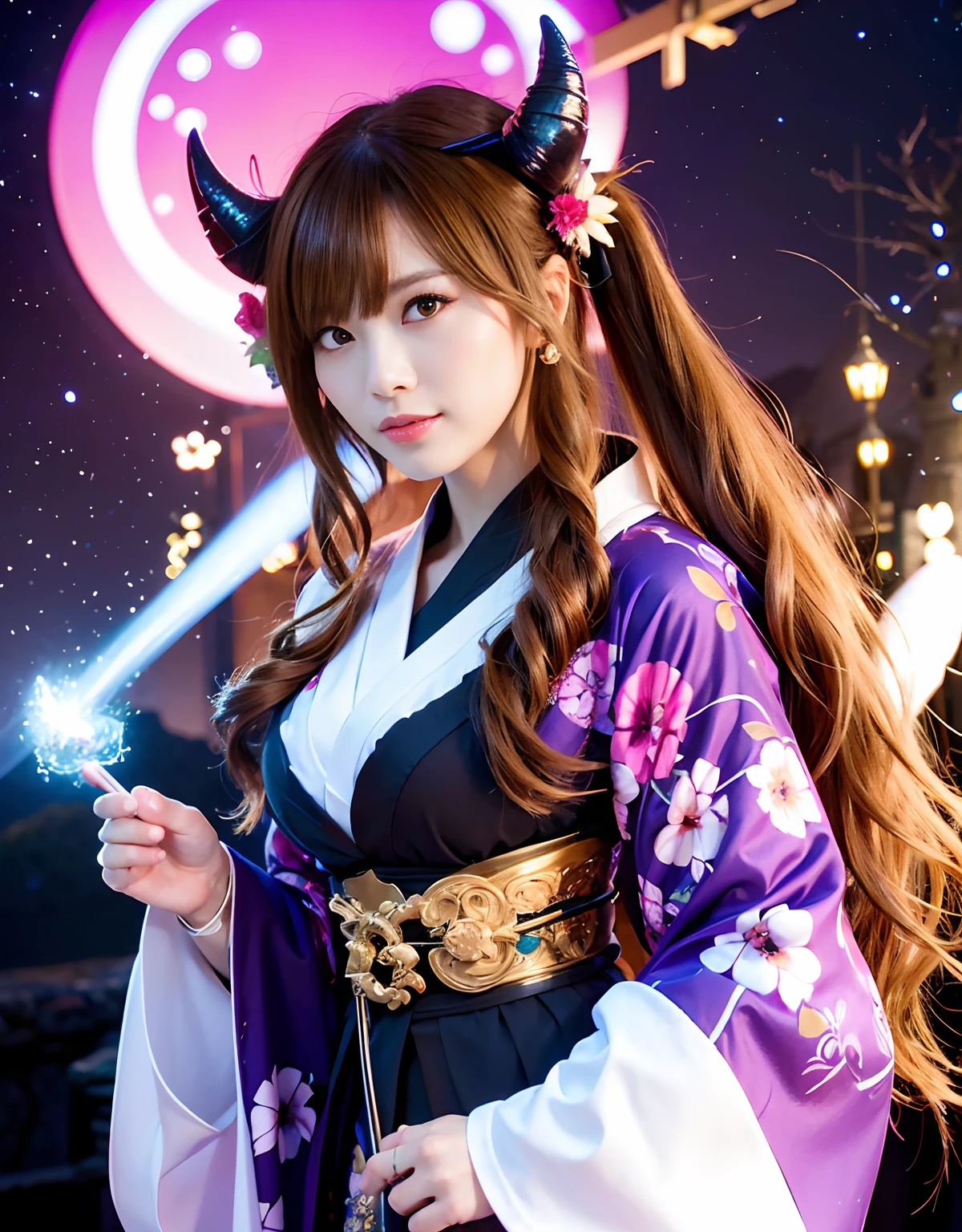((World of Darkness)),Professional , ​masterpiece、top-quality、photos realistic , depth of fields 、（sexypose）、Oiran hairstyle、Maiko's hairstyle、(White maple on full bloom background),（Ultimate Beauty）、A dark-haired、（shrine background)、（Kimono with beautiful pattern）、（Night background）、Beautiful hair ornament on the head、（（Precipitous cliffs））,(Wear a beautiful kimono),（Wear a beautiful kimono with colorful floral patterns）、Jewel Gold Weapon、Particles of light),(Wearing a wizard's hat）、Gorgeous gold weapons ,Castle background、（（ Gorgeous Dragon Sword）） , （a dark night）,,（maikurobikini） 、（（Black Haired Beautiful Girl））、（Castle background）、（demonic wings）、（（Gangle's forest background））、Beautiful Caucasian beauty、１a person、dynamic ungle,(((Two devil's horns on the head)))、Smaller head、Idle Smile、Thin and beautiful female hands、Mystical expression、Light Effects、intense fighting、Wind-effect、magic circles、With the legendary magic wand、Dragon's tail、Full Body Angle、