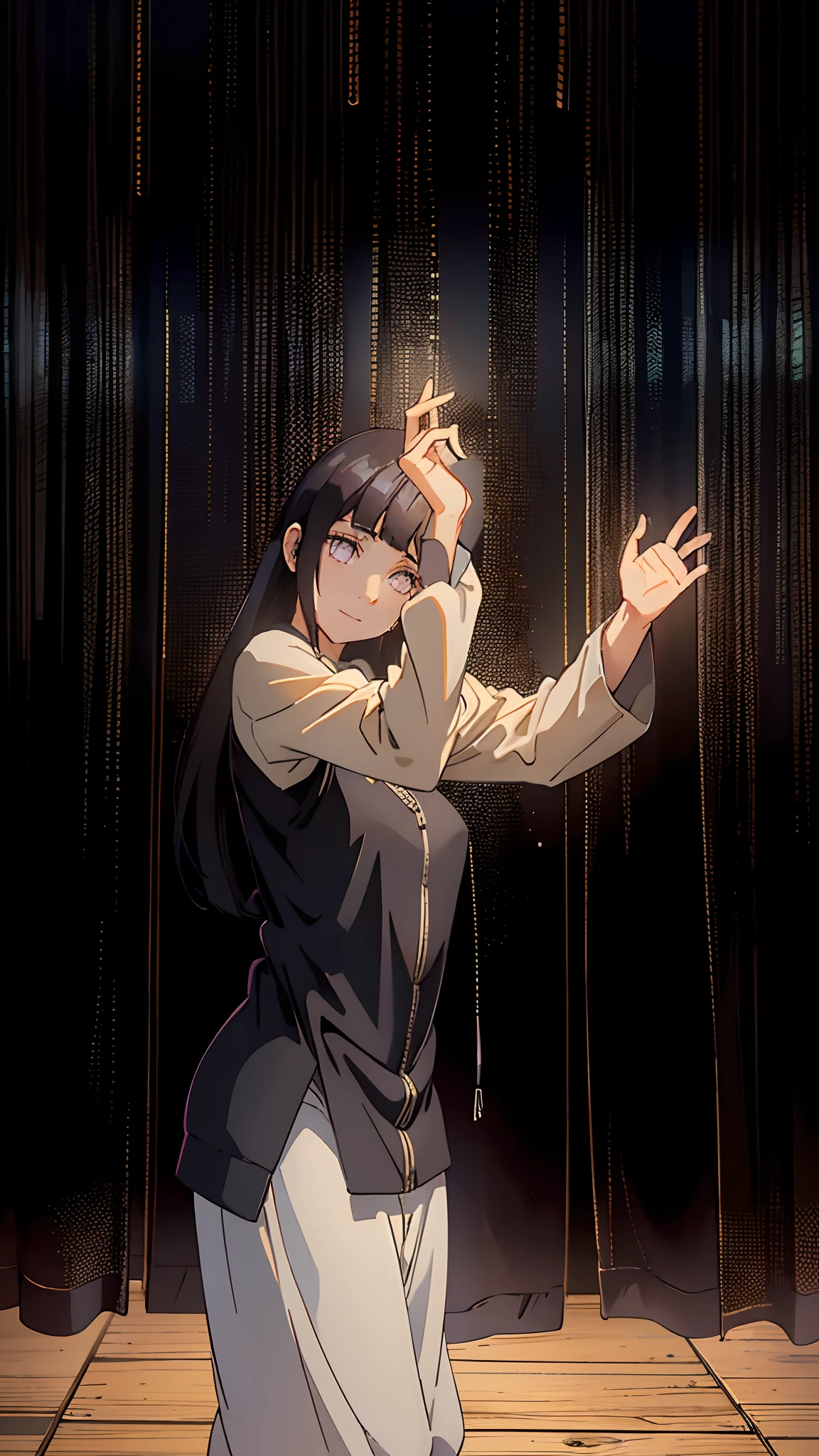 Hinata Hyuga/Girl/shipuden/bangs, oversized clothes, hoodie, bright eyes with abundant eyelashes///, bright skin, Masterpiece, 8k, 4k. FullHD. Detailed, big eyes/perfect and detailed/ 8k long dark hair/ fitted jumpsuit to the body black color // harmony //big breasts///I want the color of the clothes he is wearing to be dark/// smile cute// thin arms /small and delicate woman's hands //girl///pale skin/ hoddie clothe///woman's arms///long sleeve t-shirt ///smiling pretty///defined details in eyes///face///body///masterpiece in image////8k//FULLHD/curtain behind/capture movements of the reference ///masterpiece/ background equal to the reference image//wooden floor//White shoes//