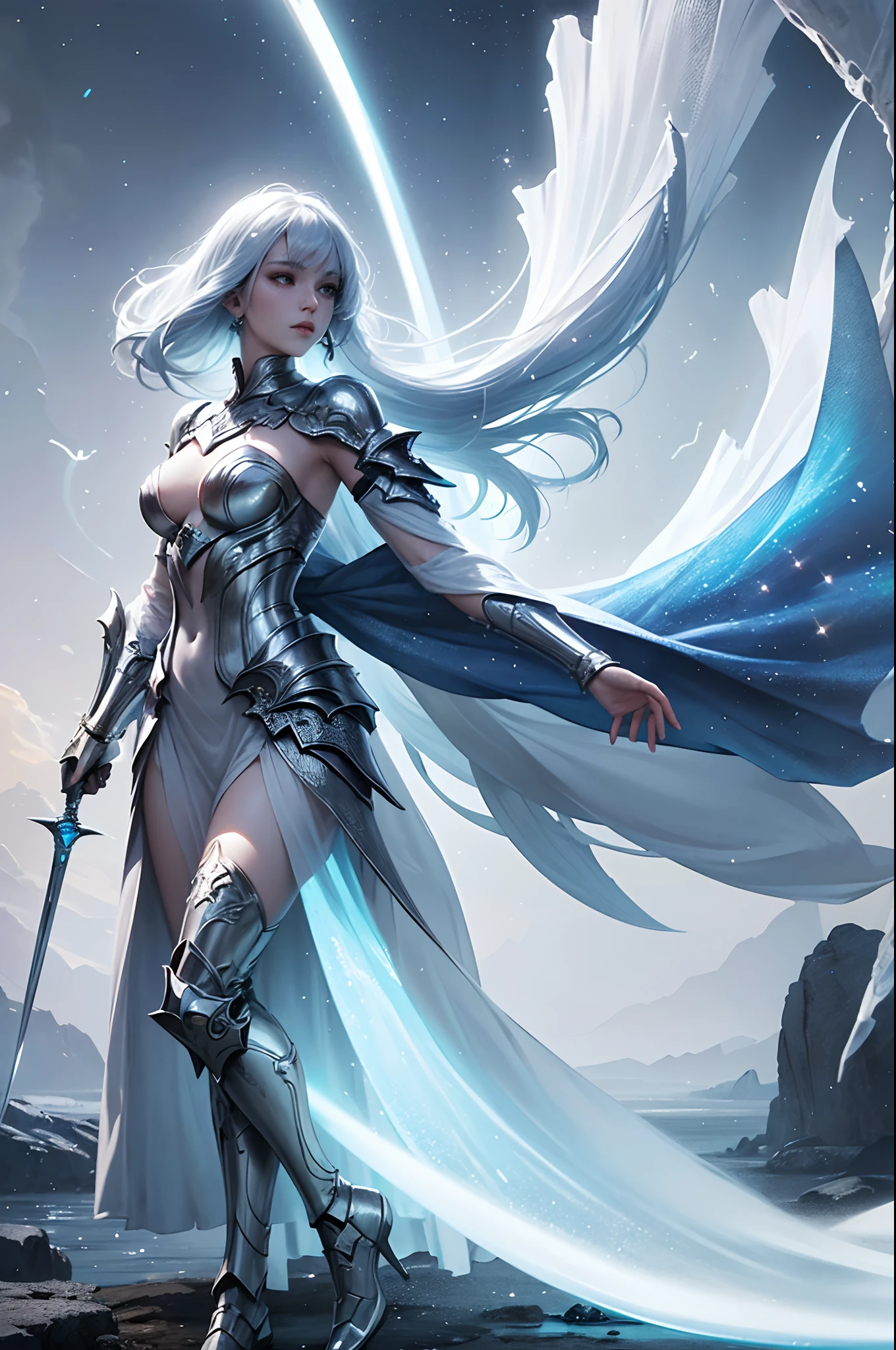 Physical Appearance:
Lumi's form is translucent, with a soft, ghostly glow that radiates from her figure. Her spectral form is slender yet graceful, and she stands at an average human height. Her appearance is reminiscent of a knight from a bygone era, clad in elegant armor with intricate engravings and ethereal filigree.

Armor and Weaponry:
Lumi's armor is a work of art, adorned with symbols and patterns that seem to shift and shimmer as if alive. Her armor is predominantly silver, with accents of iridescent blue and ethereal white. It appears as if it is made of moonlight and starlight, giving her an otherworldly and regal appearance.

In her spectral hand, Lumi wields an ethereal longsword. The blade of the sword shines with a radiant, inner light, and it has a fluid quality that allows it to pass through obstacles while maintaining its cutting power. Her sword seems to channel the essence of light itself, making it a formidable weapon against the forces of darkness.

Expression and Demeanor:
Lumi's expression is one of serene determination. Her spectral eyes radiate wisdom and unwavering loyalty to her companions. She moves gracefully and with purpose, her every step accompanied by a soft, ethereal glow. Her demeanor is one of quiet strength and nobility, embodying the ideals of a guardian and protector.