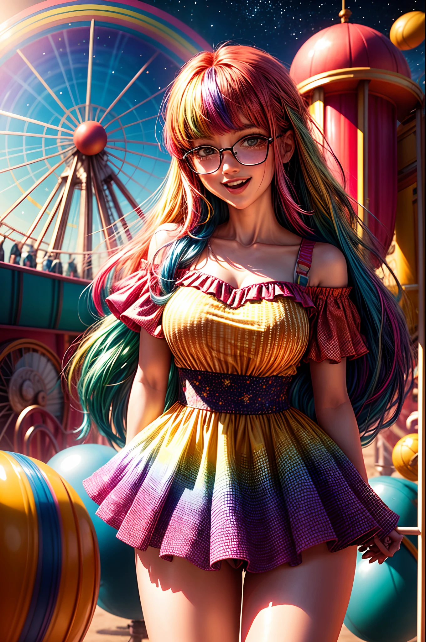 Create a charming depiction of a playful young woman with rainbow-hued hair (Hair: Hair in shades of rainbow), olhos que brilham como estrelas (Olhos: Olhos brilhantes como estrelas) e um sorriso travesso que ilumina o ambiente. She's wearing a festive outfit with bright colors and fun patterns (garments: Festive outfit with bright colors and fun patterns) and finds itself in an amusement park full of exciting attractions (Ambiente: Exciting amusement park) with vibrant and colorful lighting (The lighting: Vibrant and colorful lighting). This image should convey joy and playful spirit.