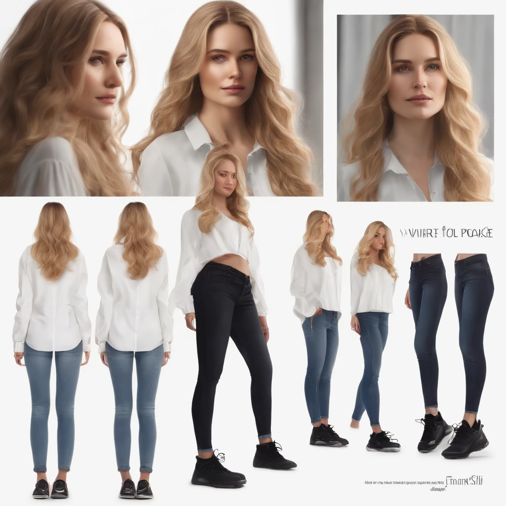 frontal image, concept art of the character, white background, full body, realistic drawing, standing, 1 tall, long and wavy golden hair, thin white long-sleeved shirt, jeans and black sneakers, 17y, extremely beautiful, reclusive posture and introvert, sketches of the character around her, beautiful shape and aesthetics of the face and body