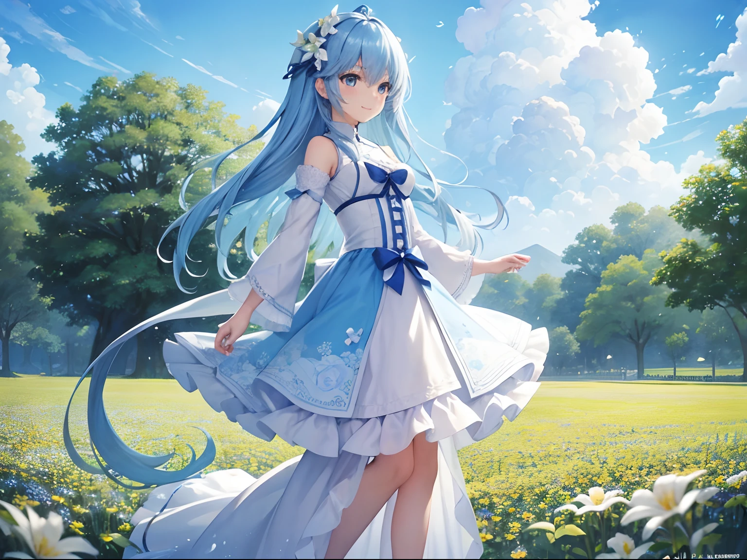 (hight resolution、ultra-detailliert、nffsw、movie)、独奏、1girl in、Happiness、girl standing in a flower field、Girl around the petals、A charming smile、full body Esbian、Long-haired girl with blue hair、Twin-tailed、lightblue hair、facing front、Fantasia、Official art、pop-art、profile、hyperdetailed face、ultradetailed eyes、flower gardens、Ultra Detailed Fields、White blue sky、 shuicolor、blanche、Nebulae in the sky、watercolor paiting、PastelColors