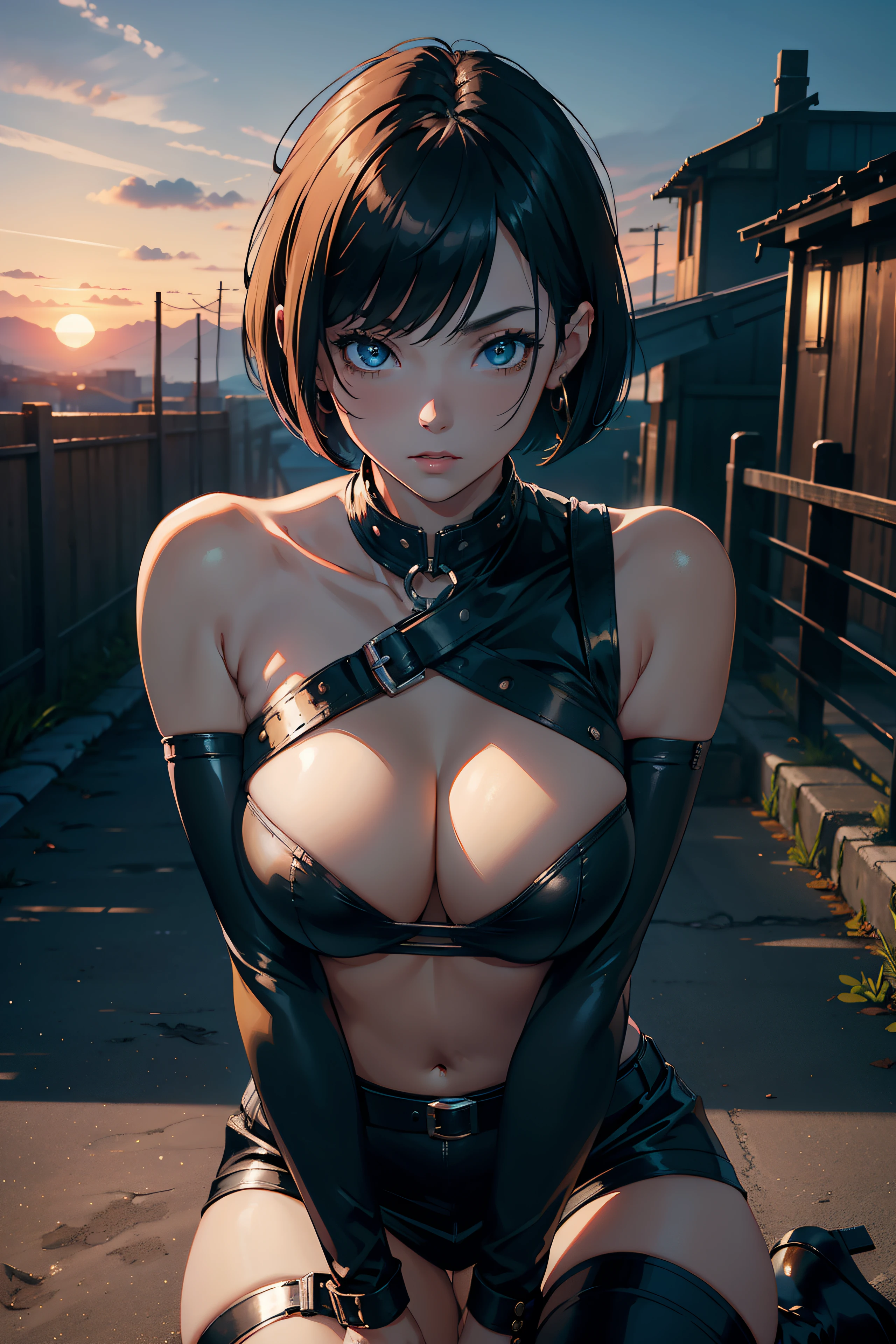 top-quality masterpiece Masterpiece, 8k, highly detailed, 28 years old female kunoichi, bob cut hair, black mask covering month, tight leather top revealing cleavage and her back, bracelet till her forearm, large earings, big breast, exposed naval, miniskirt with fishnet underneath, high heels boot, yellow hair, top to bottom view, trending on pixiv, cinematic, sunset backdrop, bluesky,view from below, glancing at viewer, exposed back, hard