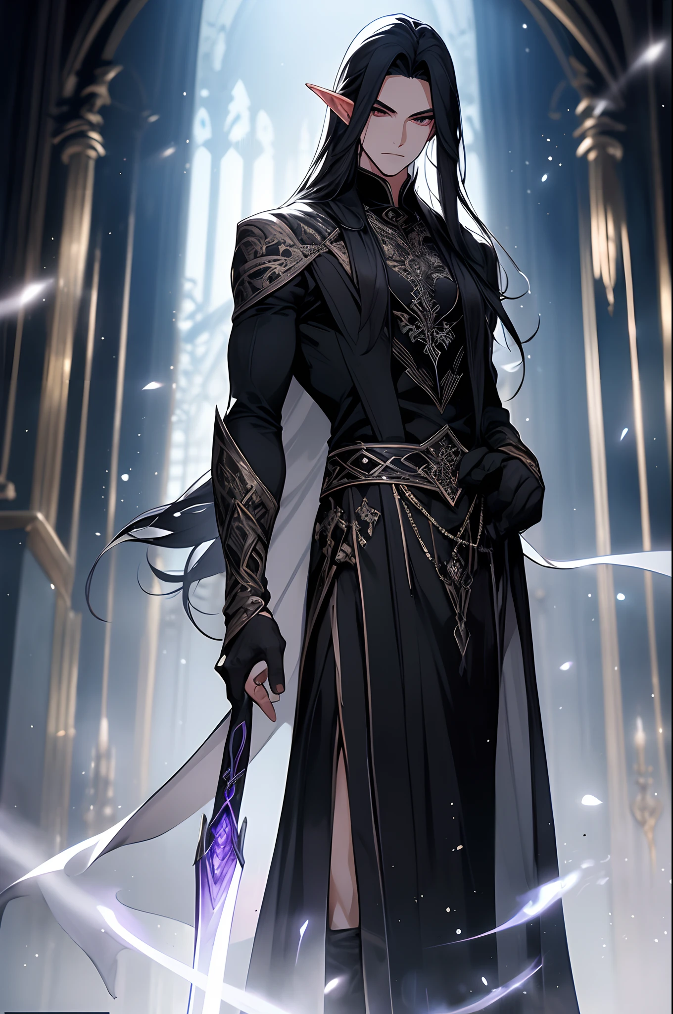 Uno appears as a striking figure with a blend of both human and elven features: Height: Uno stands at a moderately tall and slender stature, giving him an agile and graceful presence. Skin: His skin tone is fair, bearing a slight, ethereal luminescence that hints at his supernatural abilities. Hair: Uno's hair is a deep, raven-black that falls in straight, silky locks to his shoulders. His hair contrasts beautifully with his pale complexion. Eyes: His eyes are a mesmerizing shade of amethyst, with an intense, almost otherworldly glint that hints at his mystical powers. They are framed by finely arched eyebrows. Attire: Uno often dresses in attire that combines elements of both elven and human fashion. He favors dark, flowing robes adorned with intricate, silvery embroidery, giving him an enigmatic and mysterious appearance.