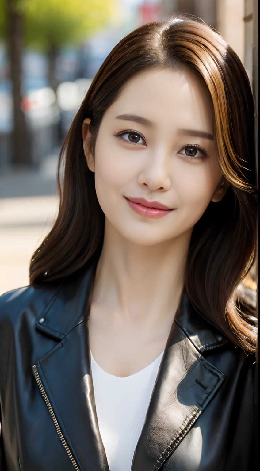((Angelina Sole)),((top-quality, 8K, masterpiece : 1.3)), Beautiful Women in Perfect Figure : 1.4, Slim abs : 1.2, dark brown hair,Medium Hair、 tshirts、Leather jacket、 (Natural lighting, the city street : 1.1), Very detailed face and skin texture, Detailed eyes, 二重まぶた、Looking at the camera、Plump lips, ((Professional makeup:1.5)) Golden ratio, Hyper res、smil、facing front、Professional heavy makeup