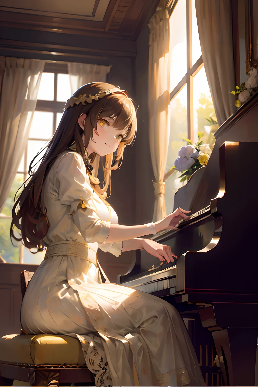 <lora:headbackãheadbackã:0.7> headback, from side, side view,<lora:classic_piano:0.8> piano, (music score, playing piano:1.2), sitting, chair, (entranced:1.3),<lora:DakotaWhiteHalterDress:0.8> see-through halter dress, transparent dress, high res,armlet, necklace, bracelet, jewelry, laurel wreath,1girl, (young), pretty face, shiny skin, shiny hair, floating hair, slim, thin, nsfw, (masterpiece), best quality, extremely detailed, ultra-detailed, highly detailed background, official art, extremely detailed CG unity 8k wallpaper, perfect lighting, vivid color, best illumination,concert, stage, light rays, light beams, light sparkles, growth particles, (god rays:1.2), (floating papper:1.3),