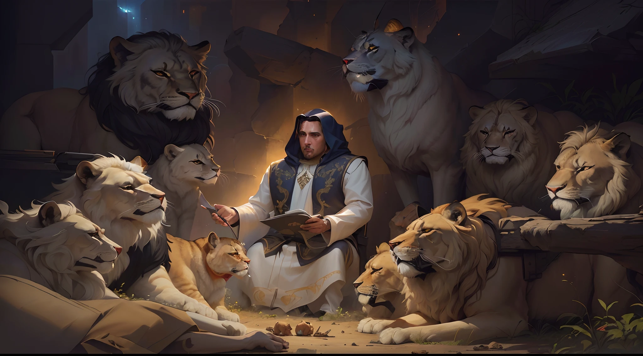 Imagen de Arafed de un hombre sentado frente a un grupo de leones, orando, rogando a Deus, Angel Protecting, Rob Rey, Dirigido por: Cynthia Sheppard, Arte conceptual | Rhads, full art illustration, realistic fantasy illustration, card game illustration, Arte de tarjetas coleccionables, Dirigido por: Daniel Ljunggren, Dios de los gatos, Arte de juego de rol, inspirado por Johannes Helgeson, official illustration of the character
