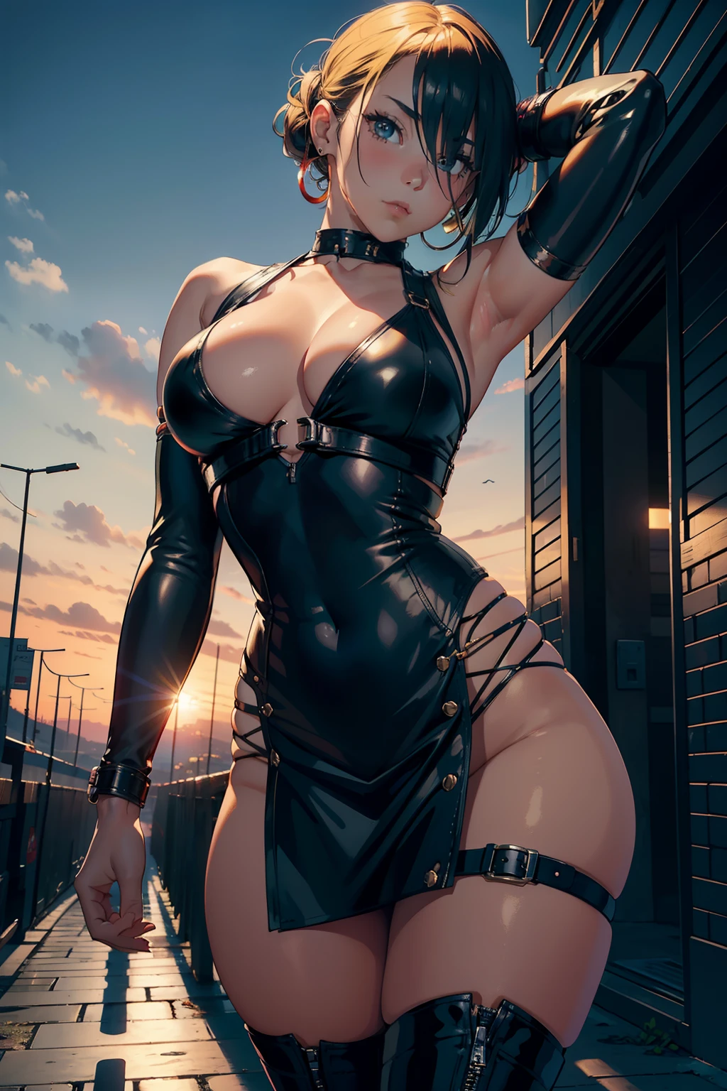 Masterpiece, 8k, highly detailed, 28 years old female kunoichi, long hair, black mask covering mouth, tight leather top revealing cleavage and her back, bracelet till her forearm, large earings, big breast, exposed naval, miniskirt with fishnet underneath, high heels boot, yellow hair, top to bottom view, trending on pixiv, cinematic, sunset backdrop, bluesky,view from below, glancing at viewer, exposed back, tight jeans