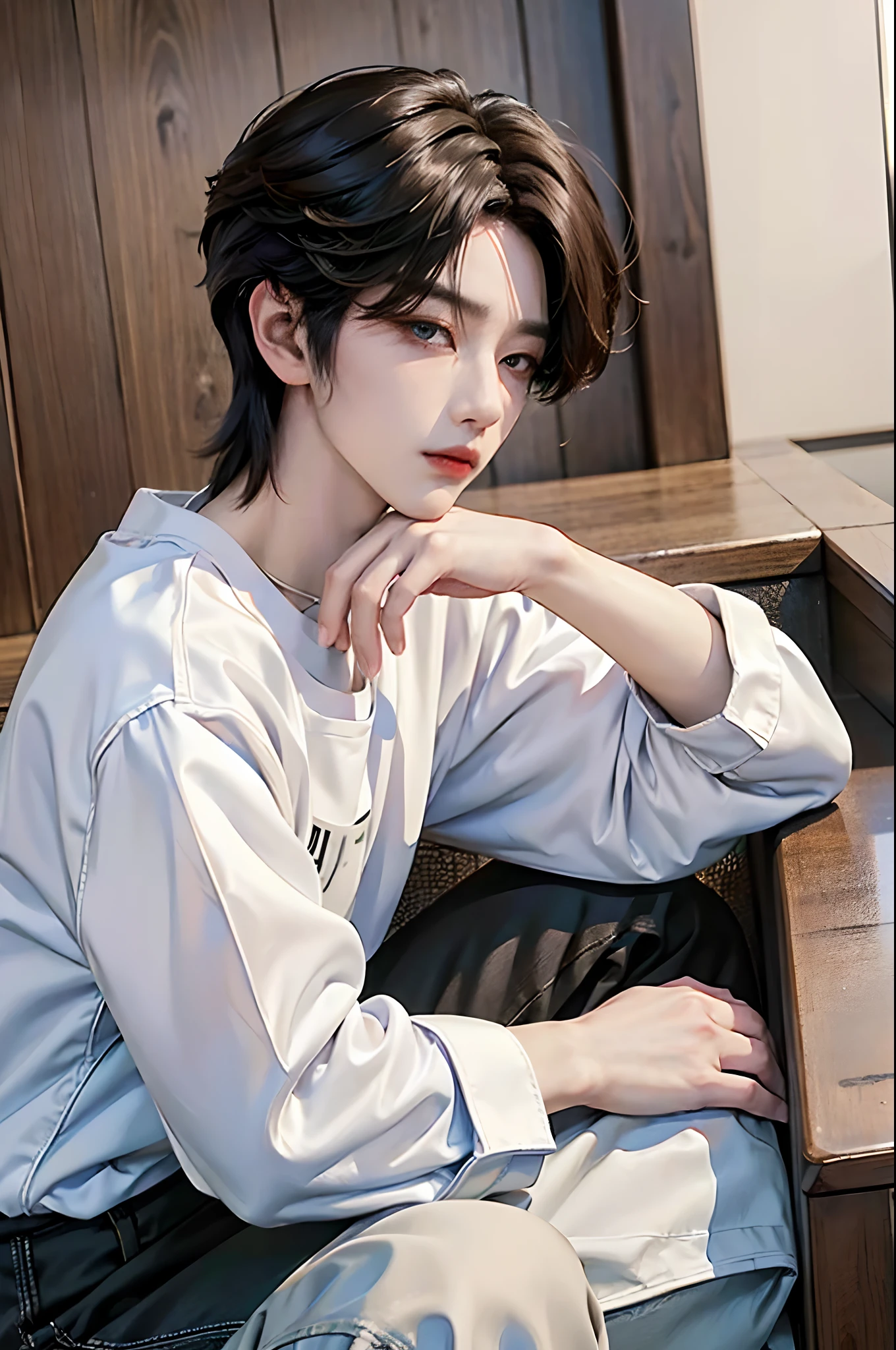 masterpiece、(top-quality)、((high-level image quality))、One Manly Boy、Slim body、((White Y-shirt and long black pants))、(Detailed beautiful eyes)、September Night Road、sitting on a curb、Face similar to Chaewon in Ruseraphim、((short hair above the ears))、((Smaller face))、((Neutral face))、((Light brown eyes))、((Korean boy))、((18year old))、((Handsome man))、((Wild look))、((Korean Makeup))、((elongated and sharp eyes))、((Sit next to the viewer))、((shot from a side angle))、((The upper part of the body))、((Close-range shooting))