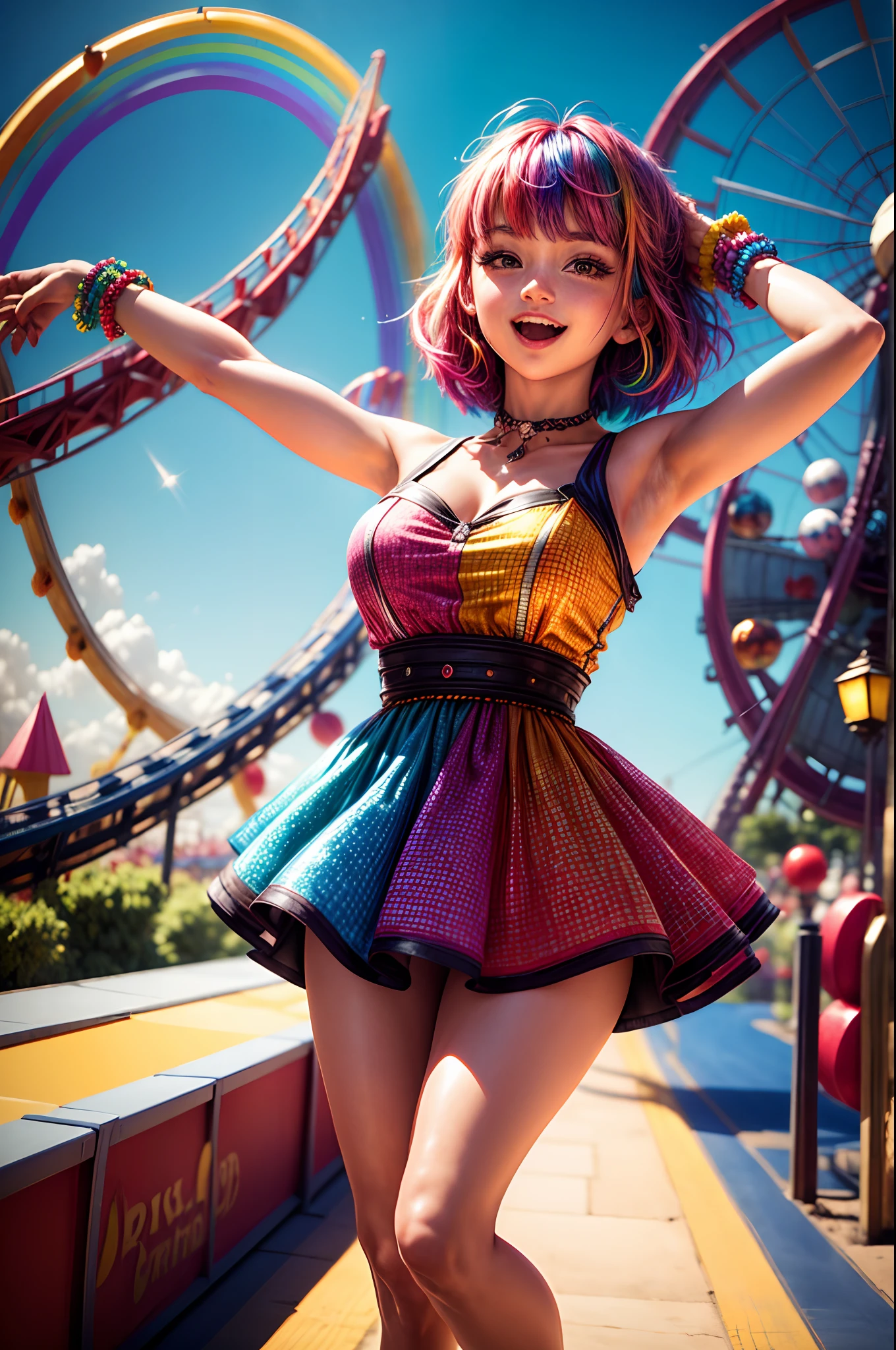 Create a charming depiction of a playful young woman with rainbow-hued hair (Hair: Hair in shades of rainbow), olhos que brilham como estrelas (olhos: olhos brilhantes como estrelas) e um sorriso travesso que ilumina o ambiente. She's wearing a festive outfit with bright colors and fun patterns. (garments: Festive outfit with bright colors and fun patterns) and finds itself in an amusement park full of exciting attractions (Ambiente: Exciting amusement park) with vibrant and colorful lighting (The lighting: Vibrant and colorful lighting). This image should convey joy and playful spirit.