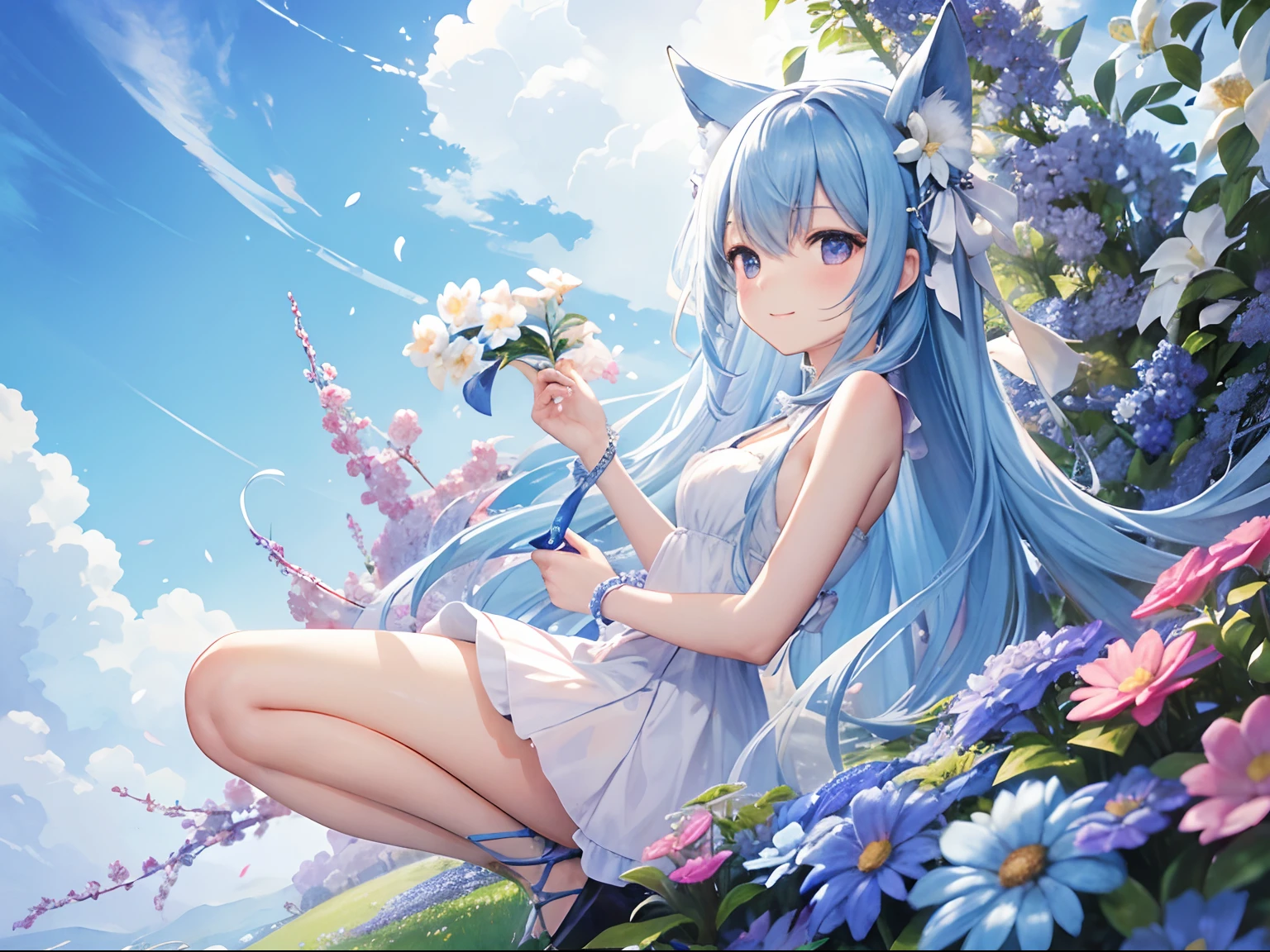 (hight resolution、ultra-detailliert、nffsw、movie)、独奏、1girl in、Happiness、girl standing in a flower field、Girl around the petals、A charming smile、full body Esbian、Long-haired girl with blue hair、Twin-tailed、lightblue hair、facing front、Fantasia、Official art、pop-art、profile、hyperdetailed face、ultradetailed eyes、flower gardens、Ultra Detailed Fields、White blue sky、 shuicolor、blanche、Nebulae in the sky、watercolor paiting、PastelColors