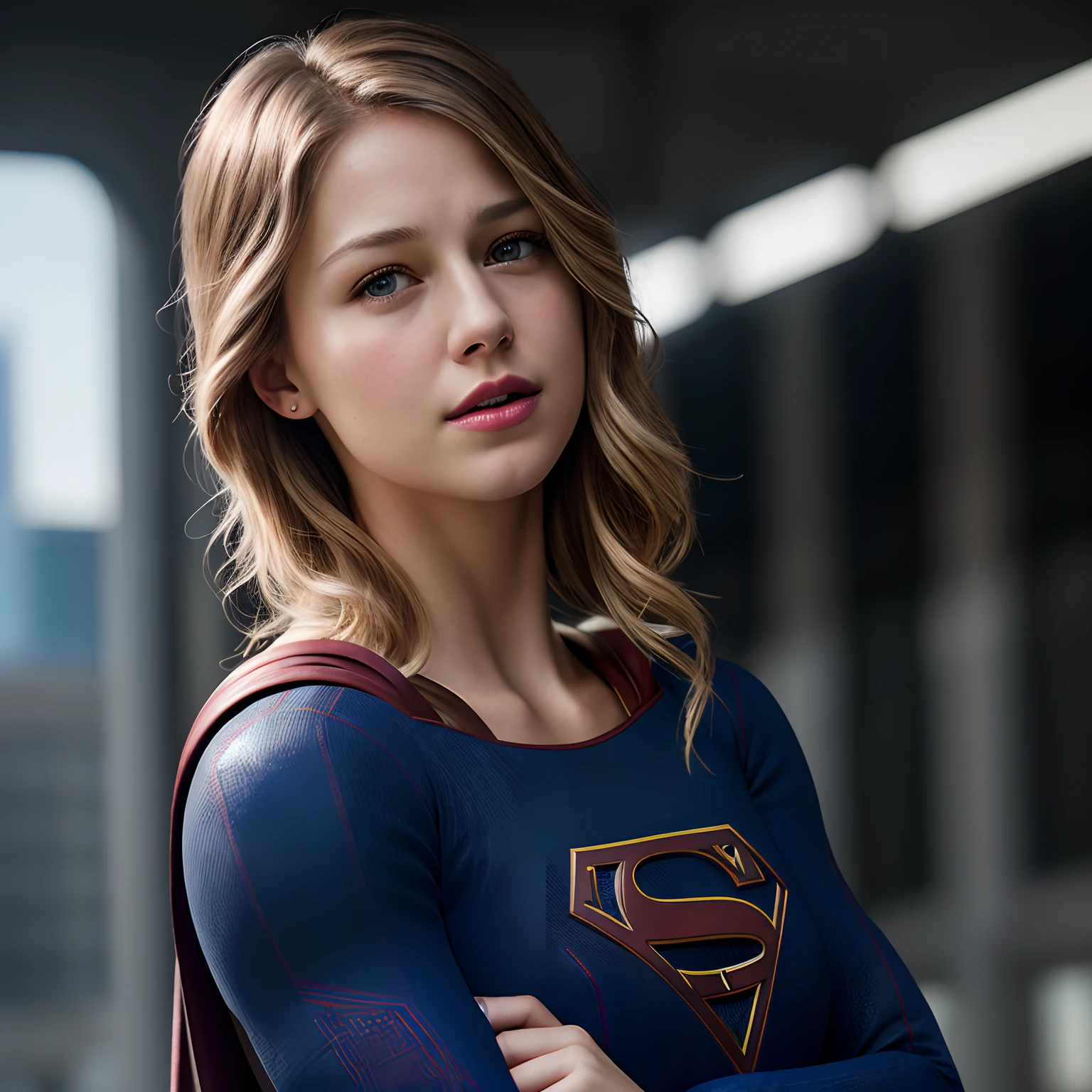 unreal engine 5, realistic, official art, unity 8k wallpaper, ultra detailed, beautiful and aesthetic, beautiful, masterpiece, best quality, (zentangle, mandala, tangle, entangle), 1girl, mature, mellisabenoist-smu, (Melissa benoist as supergirl, blonde hair), (background in the style of cyberpunk realism, photo taken with provia, street style realism, light silver and light maroon, grandparentcore, detailed facial features), colour matching, zeiss lens, Cinematic scene full body shot, detailed, ultra realistic, award winning, Sony a7R, octane render