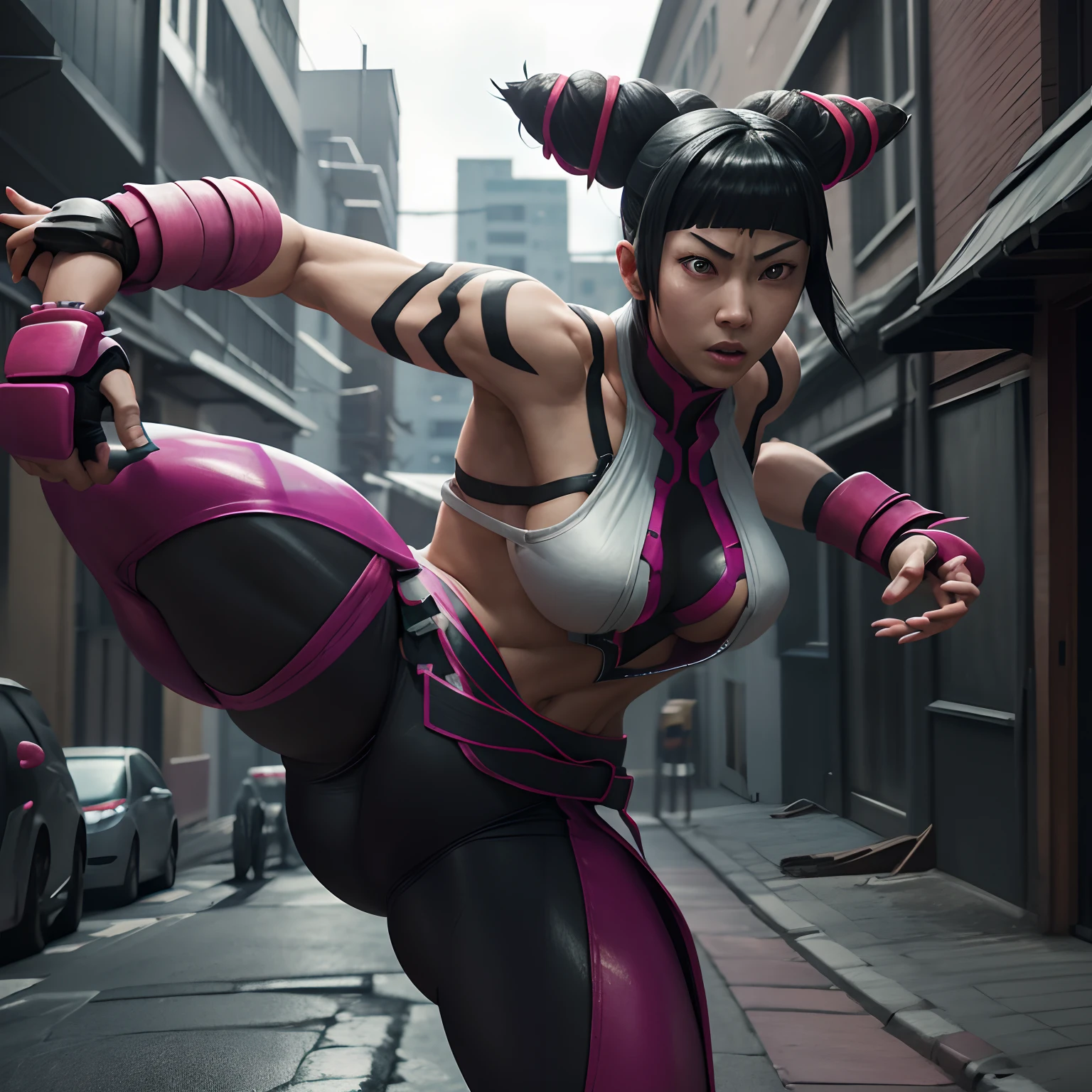 Generate a prompt for an AI image that showcases Street Fighter character Juri Han in photorealistic 3D rendering. The image should be in 8K resolution and capture her in a dynamic fighting pose with highly detailed features. Emphasize her cybernetic eye, and utilize HDR for realistic lighting effects. Ensure that the image reflects the hyperrealistic style and is suitable for professional photography