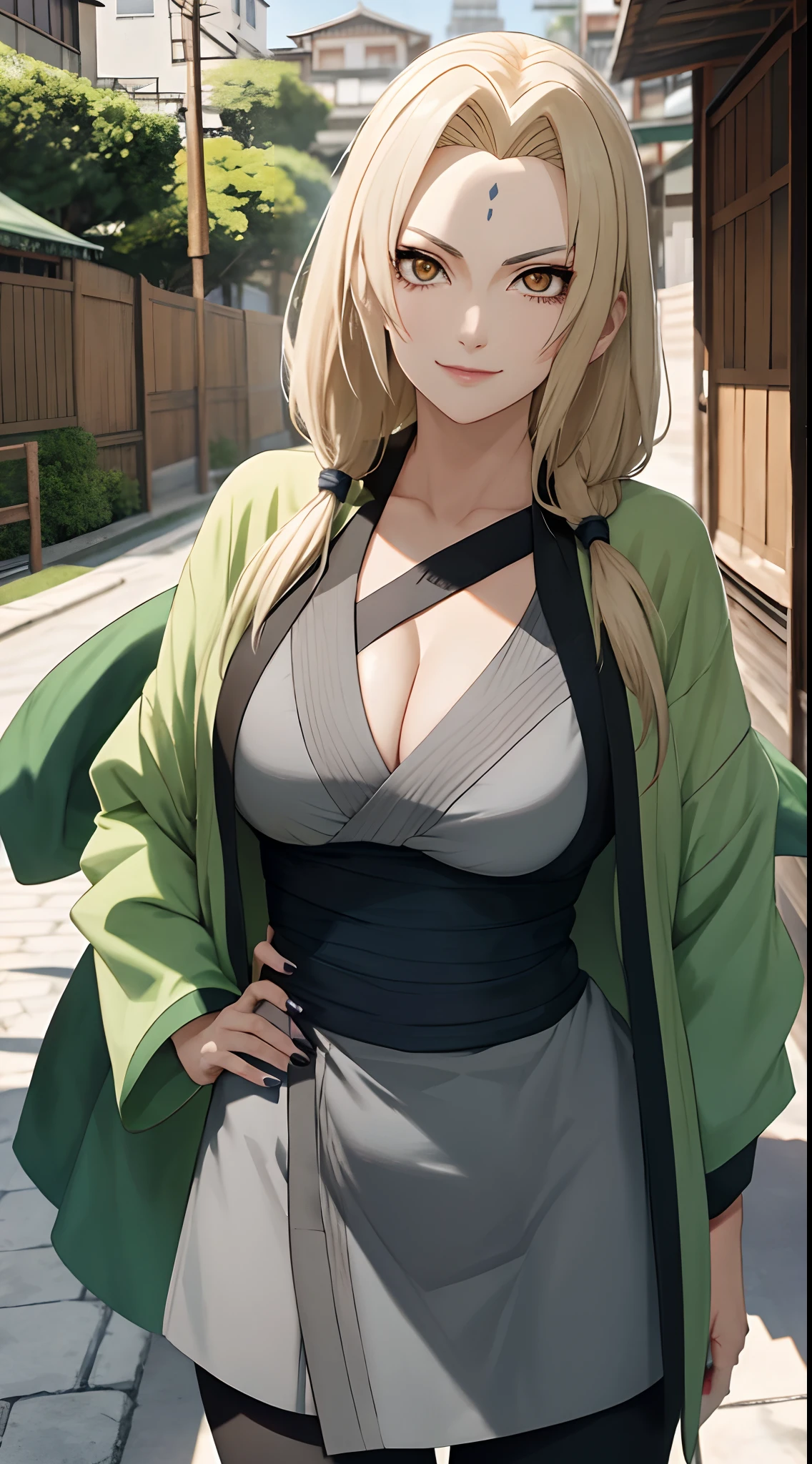 Tsunade Senju, Bela, obra prima, extremamente detalhado, melhor qualidade, best ilumination, melhor sombra, rosto perfeito, olhos castanhos brilhantes, marca azul na testa, usando um quimono cinza com um cinto vermelho e uma jaqueta verde, 1 girl, peitos grandes, bunda grande, inclinada pra frente olhando para o expectador, em konoha,