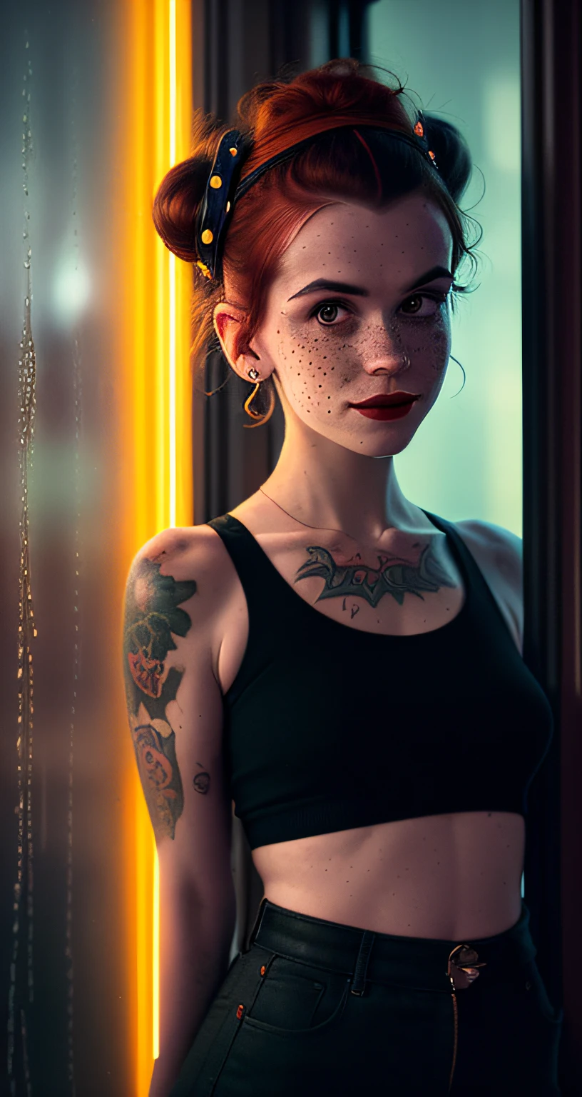 abstract colors, texture, film grain, skin pores, dusty atmospheric haze, vignetting, wrinkles:0.2 intricate hasselblad dslr RAW dramatic portrait photo of (ruby rose betty boop abby sciuto rose leslie rosie the riveter)1.2 smiling wistfully, petite nerdy goth chick wearing (tight distressed black jeans)1.4, wearing a (tank top)1.2, (space buns)1.3, (freckles)1.1, analog style eye contact nofilter selfie, posing against a wet rainy window overlooking a rainy (neon solarpunk)1.2 city street at night, (backlit)1.2, (film grain)1.2, cinematic movie still frame, low-rise dark jeans, rose tattoos, combat boots, wistful smile